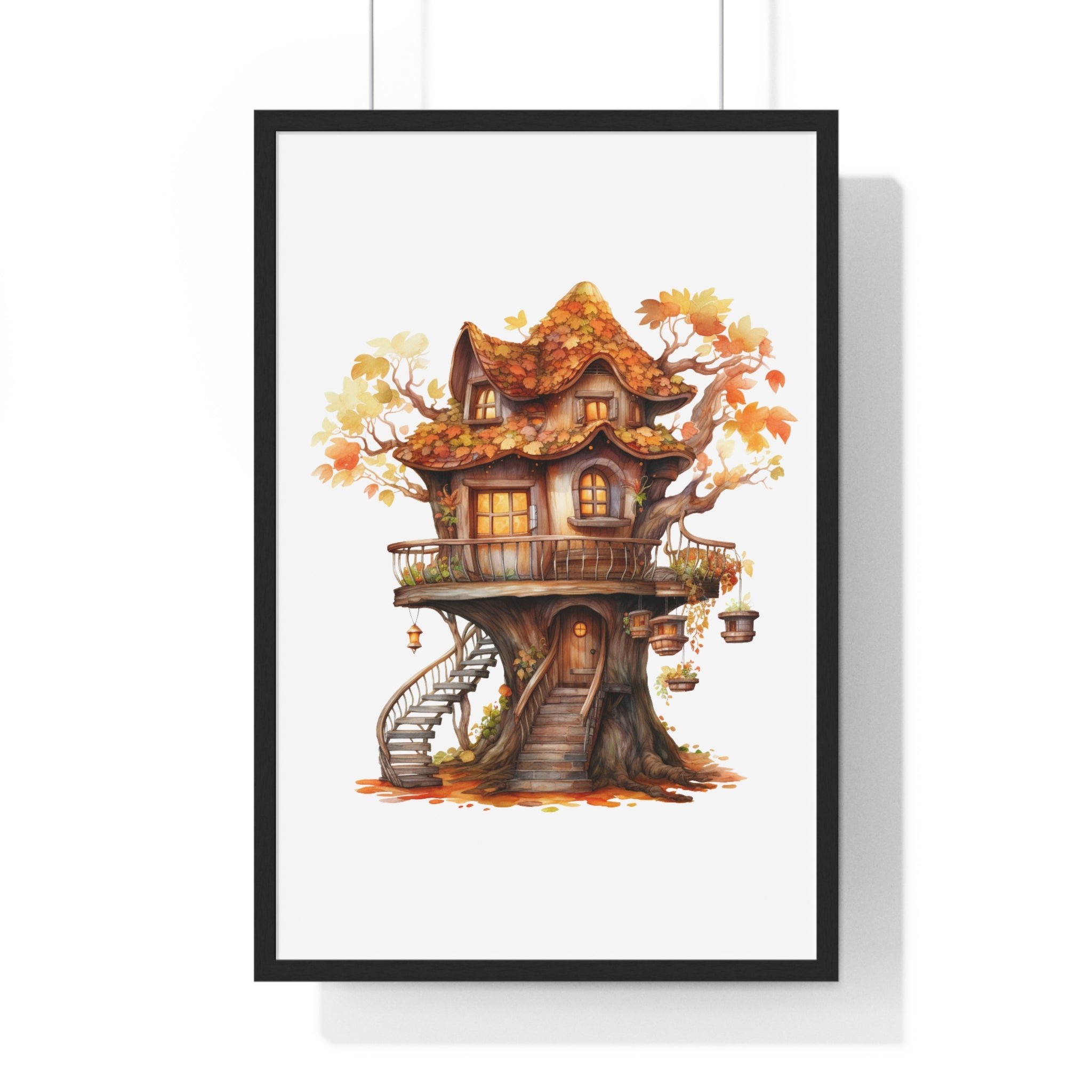 Whimsical Autumn Treehouse Wall Art – Spiral Staircase Forest Cottage with Lanterns & Glowing Windows