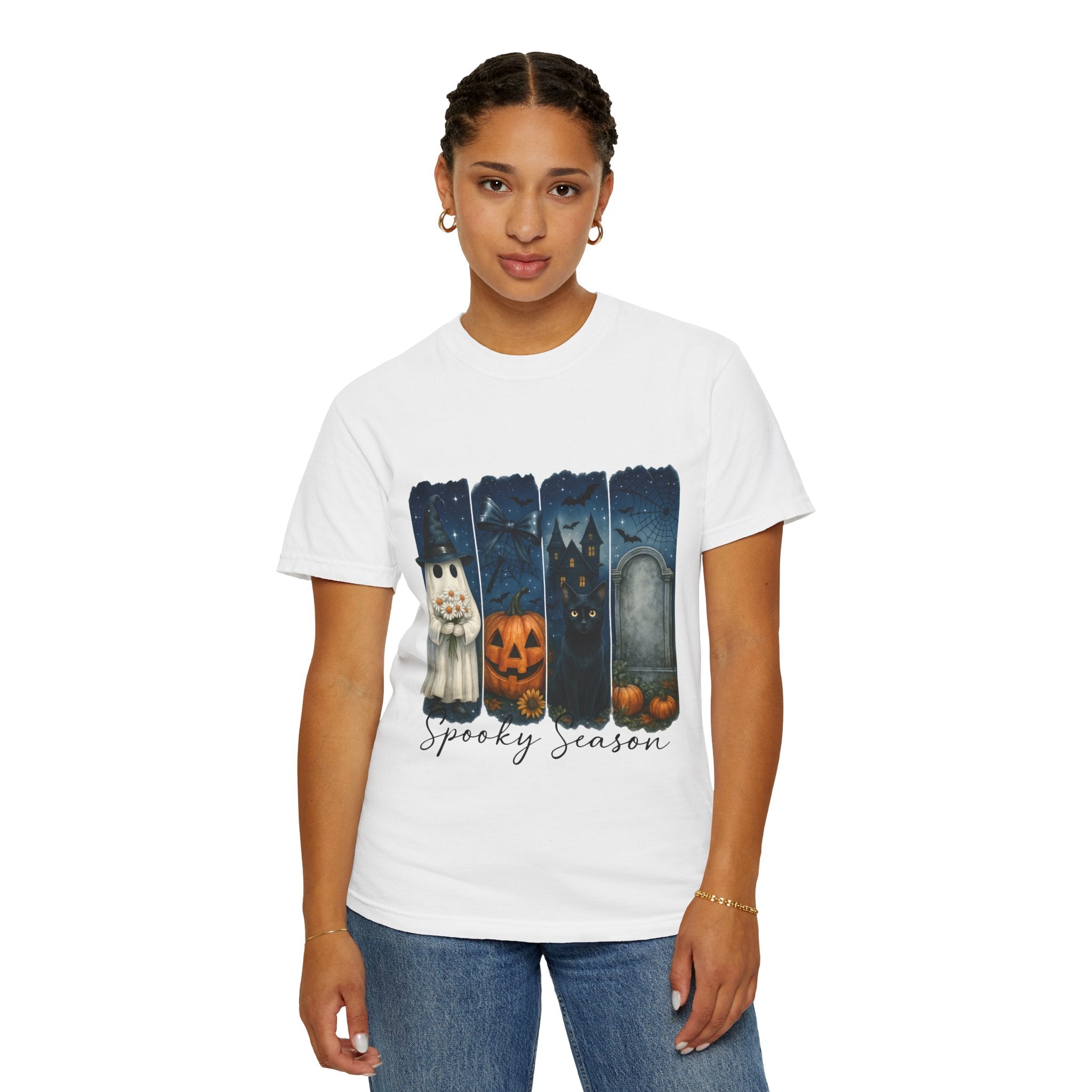 Spooky Season Halloween T-Shirt – Ghost, Black Cat, Pumpkin & Haunted House Design
