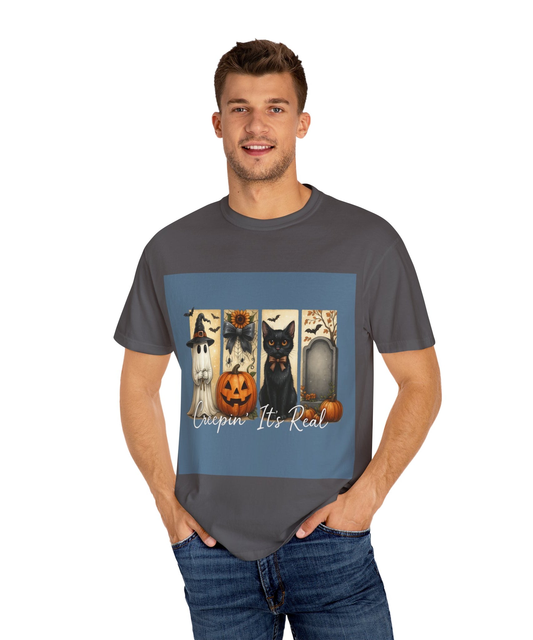 Creepin’ It’s Real Halloween T-Shirt – Cute Ghost, Pumpkin, Black Cat & Tombstone Design - Gallory Hive