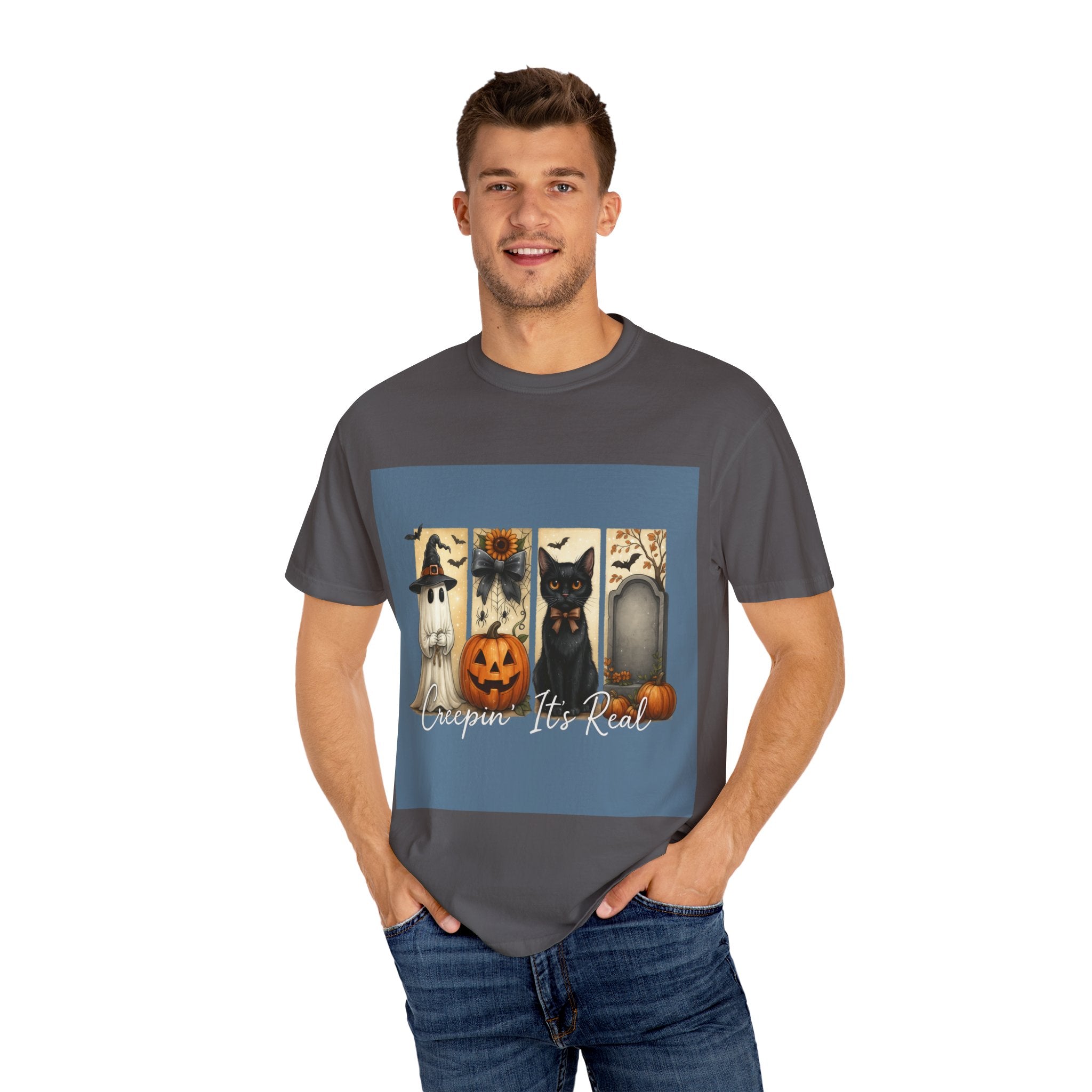 Creepin’ It’s Real Halloween T-Shirt – Cute Ghost, Pumpkin, Black Cat & Tombstone Design