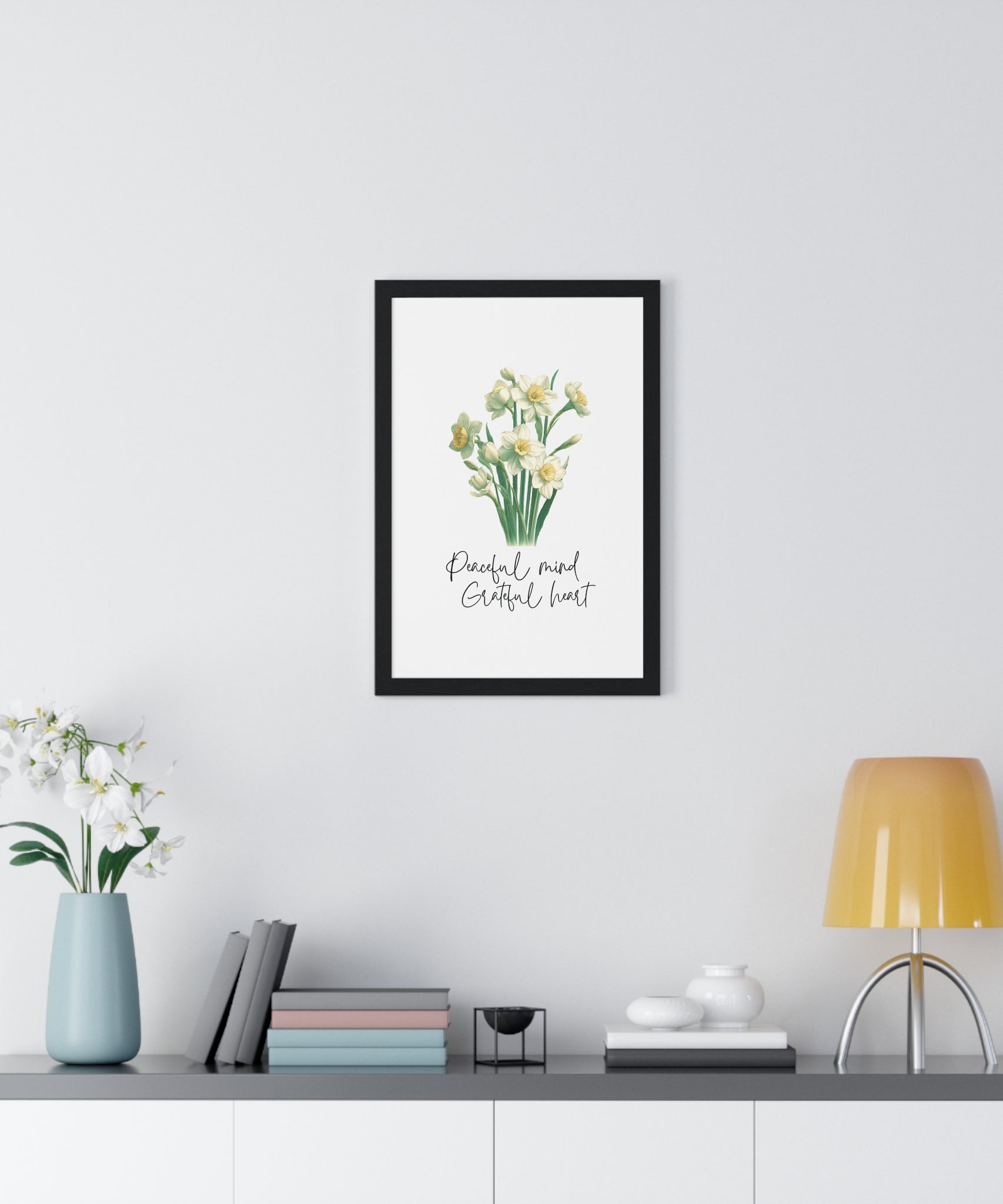 December Birth Month Flower Wall Art – Narcissus Illustration with Inspirational Quote in Wooden Frame | Peaceful Mind & Grateful Heart