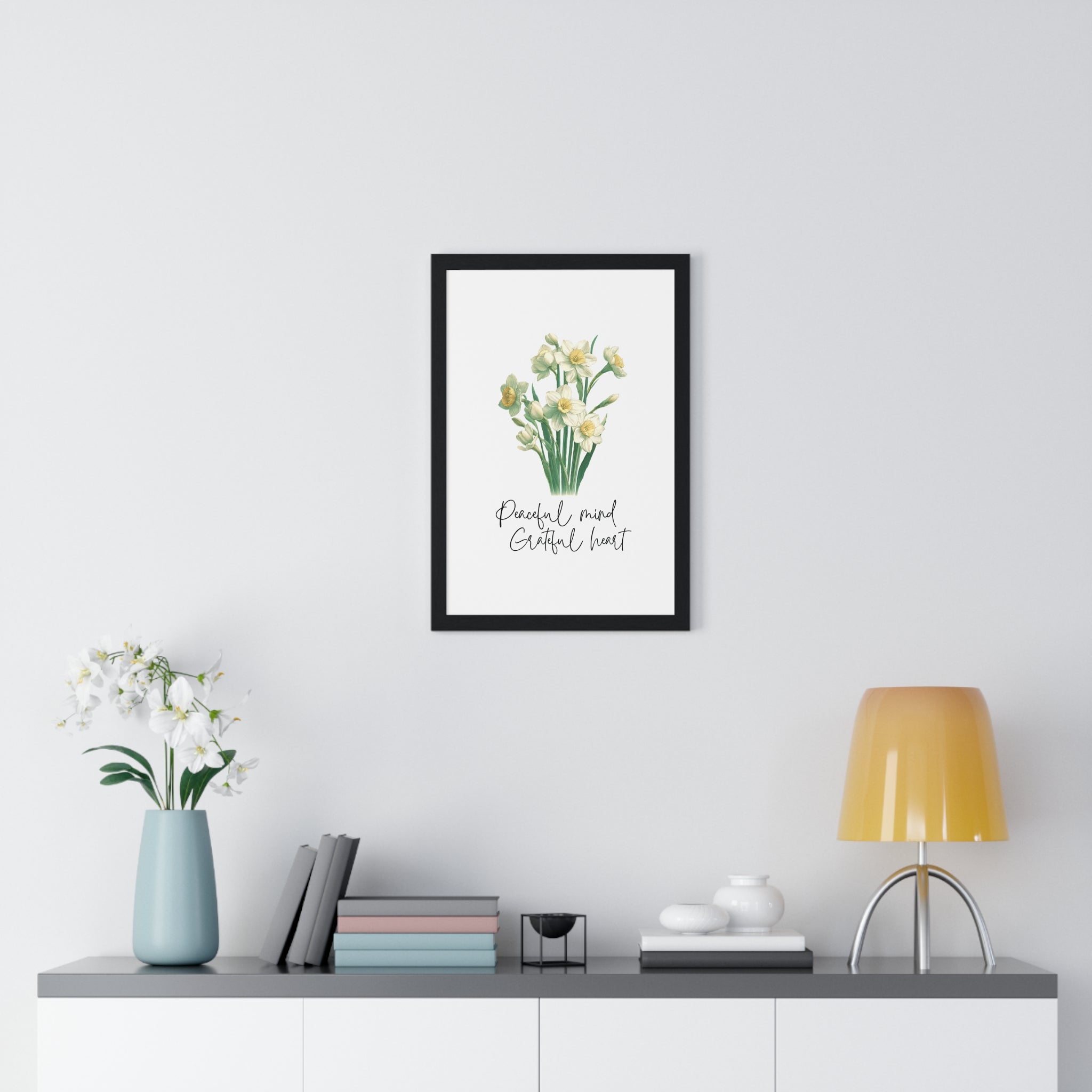 December Birth Month Flower Wall Art – Narcissus Illustration with Inspirational Quote in Wooden Frame | Peaceful Mind & Grateful Heart