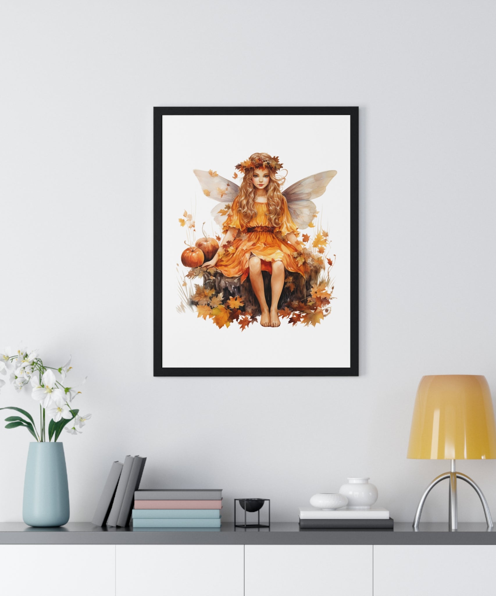 Fall Fairy Wall Art – Orange Dress Woodland Fairy with Pumpkins | Wooden Frame Poster for Autumn Home Decor