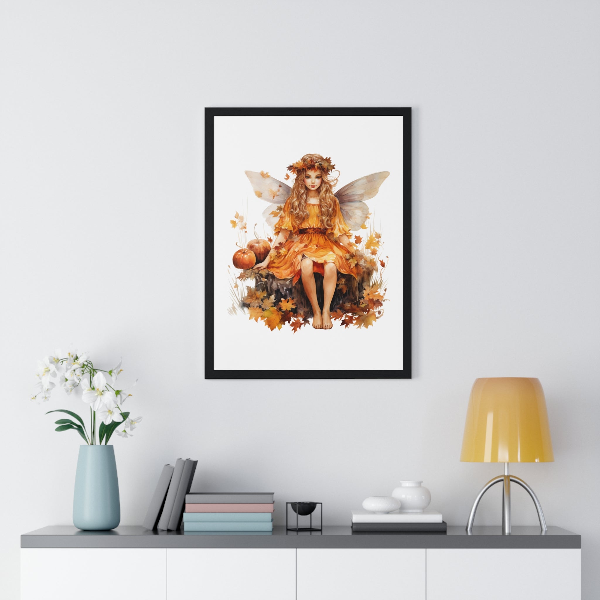 Fall Fairy Wall Art – Orange Dress Woodland Fairy with Pumpkins | Wooden Frame Poster for Autumn Home Decor
