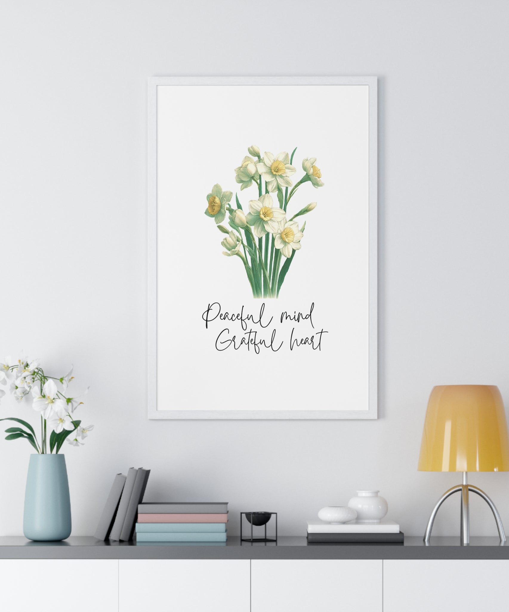 December Birth Month Flower Wall Art – Narcissus Illustration with Inspirational Quote in Wooden Frame | Peaceful Mind & Grateful Heart