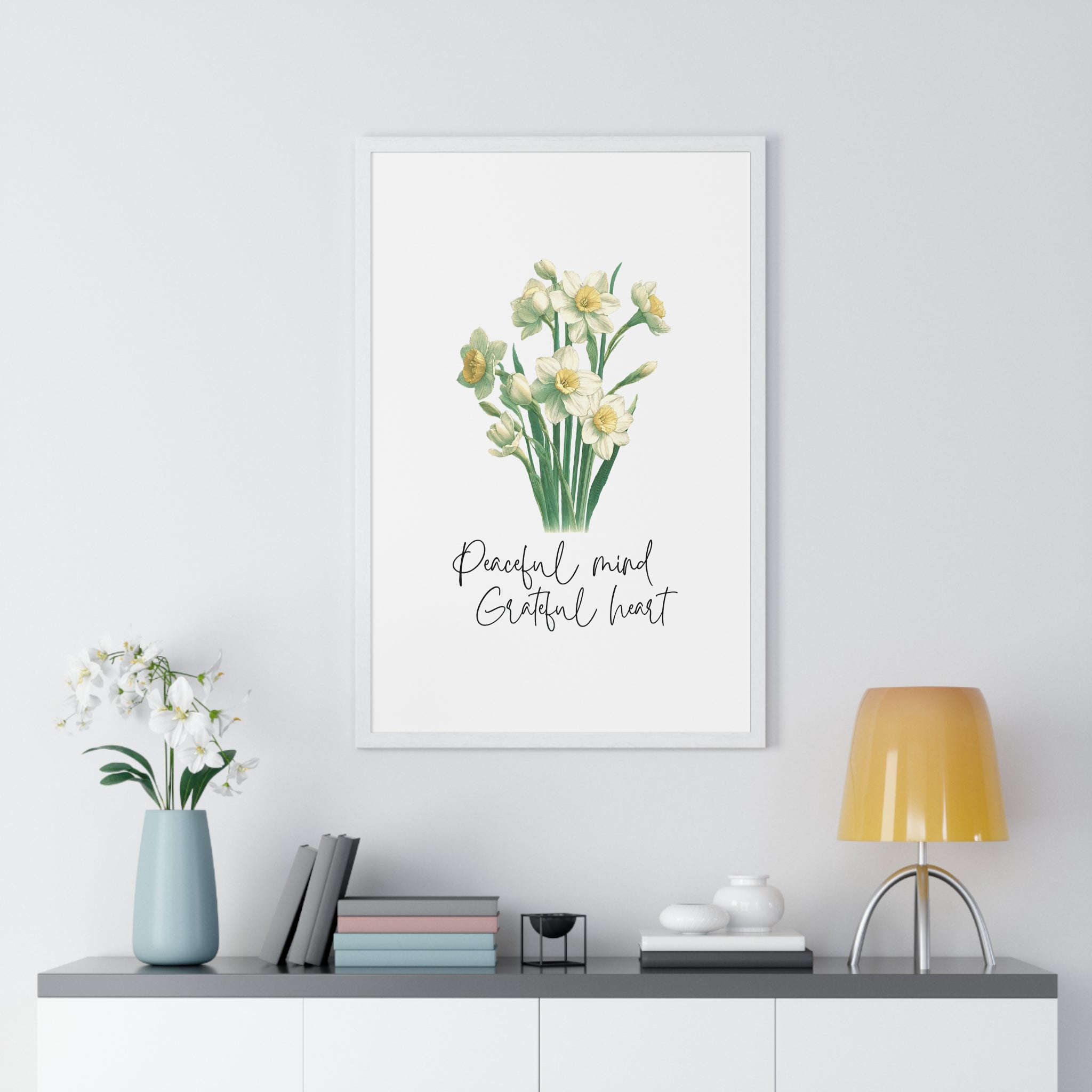 December Birth Month Flower Wall Art – Narcissus Illustration with Inspirational Quote in Wooden Frame | Peaceful Mind & Grateful Heart