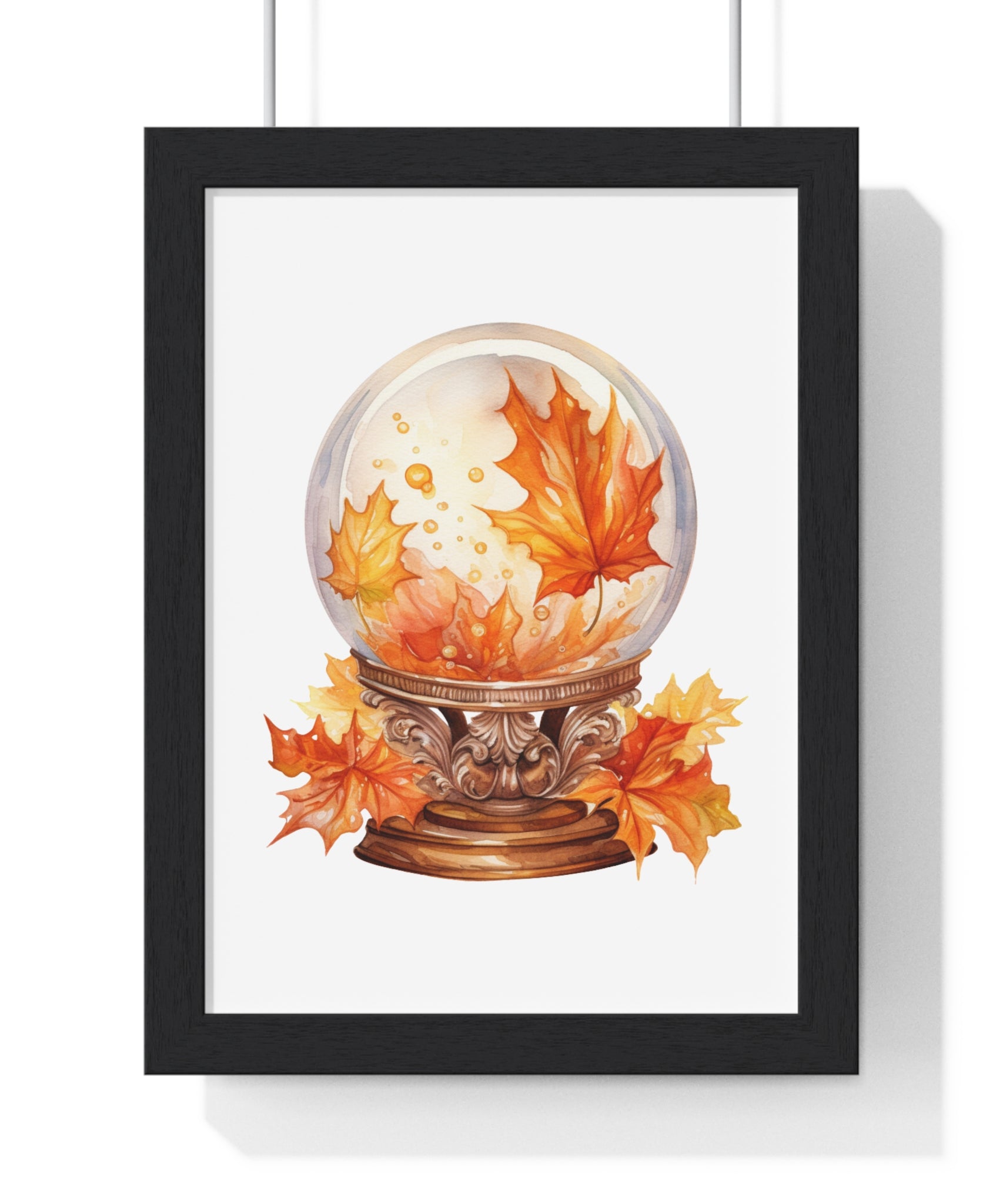 Floating Leaves Snow Globe Wall Art – Ornate Autumn Fantasy Poster | Wooden Frame Seasonal Home Decor
