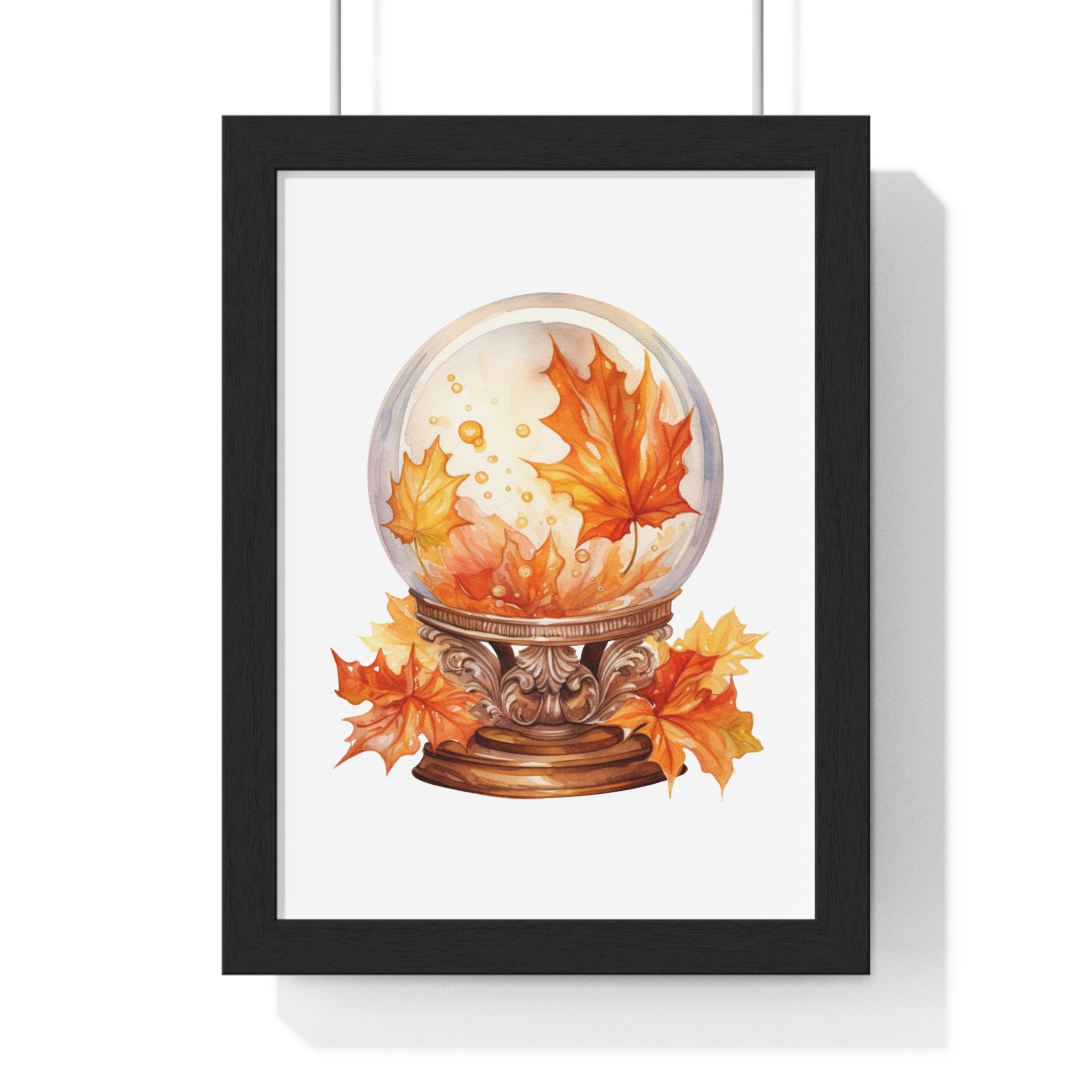 Floating Leaves Snow Globe Wall Art – Ornate Autumn Fantasy Poster | Wooden Frame Seasonal Home Decor