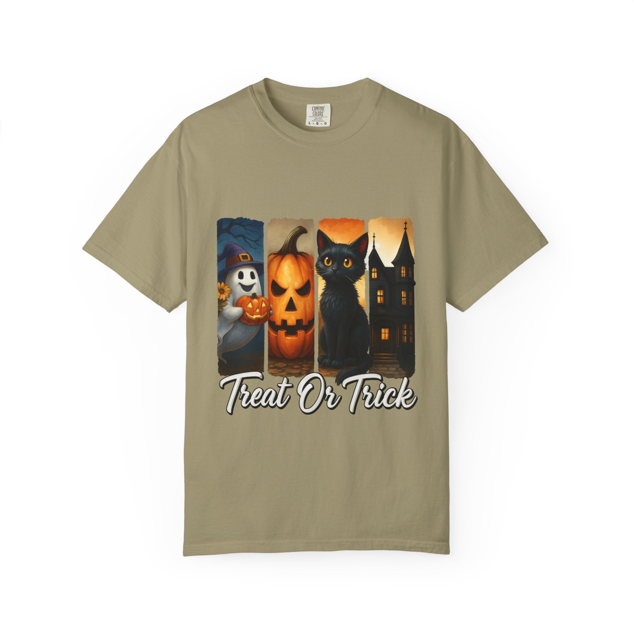 Treat Or Trick Halloween T-Shirt – Cute Ghost, Pumpkin, Black Cat & Haunted House Design - Gallory Hive