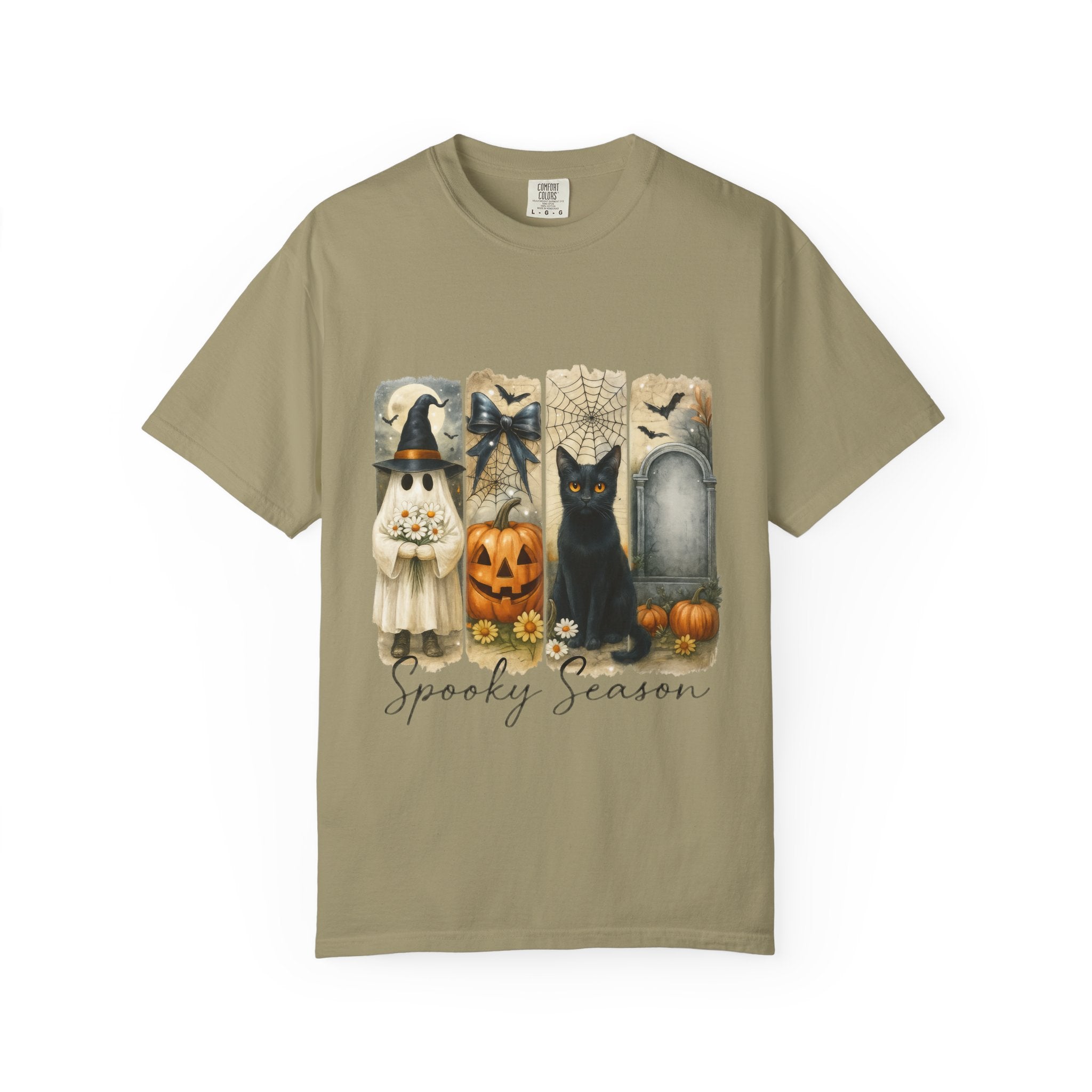Spooky Season Halloween Unisex T-Shirt – Ghost, Black Cat & Pumpkin Design