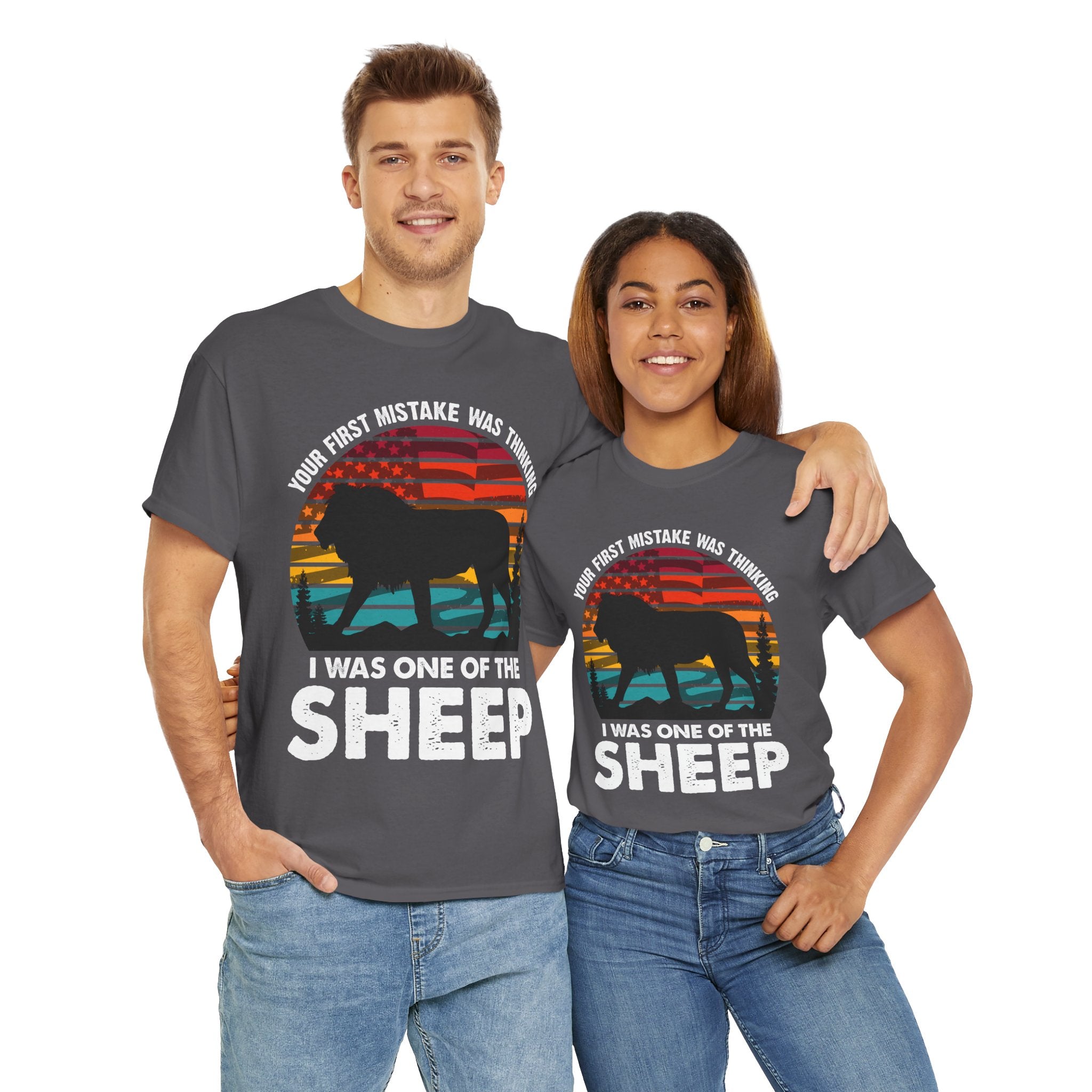 Bold Lion Tee with USA Flag Sunset
