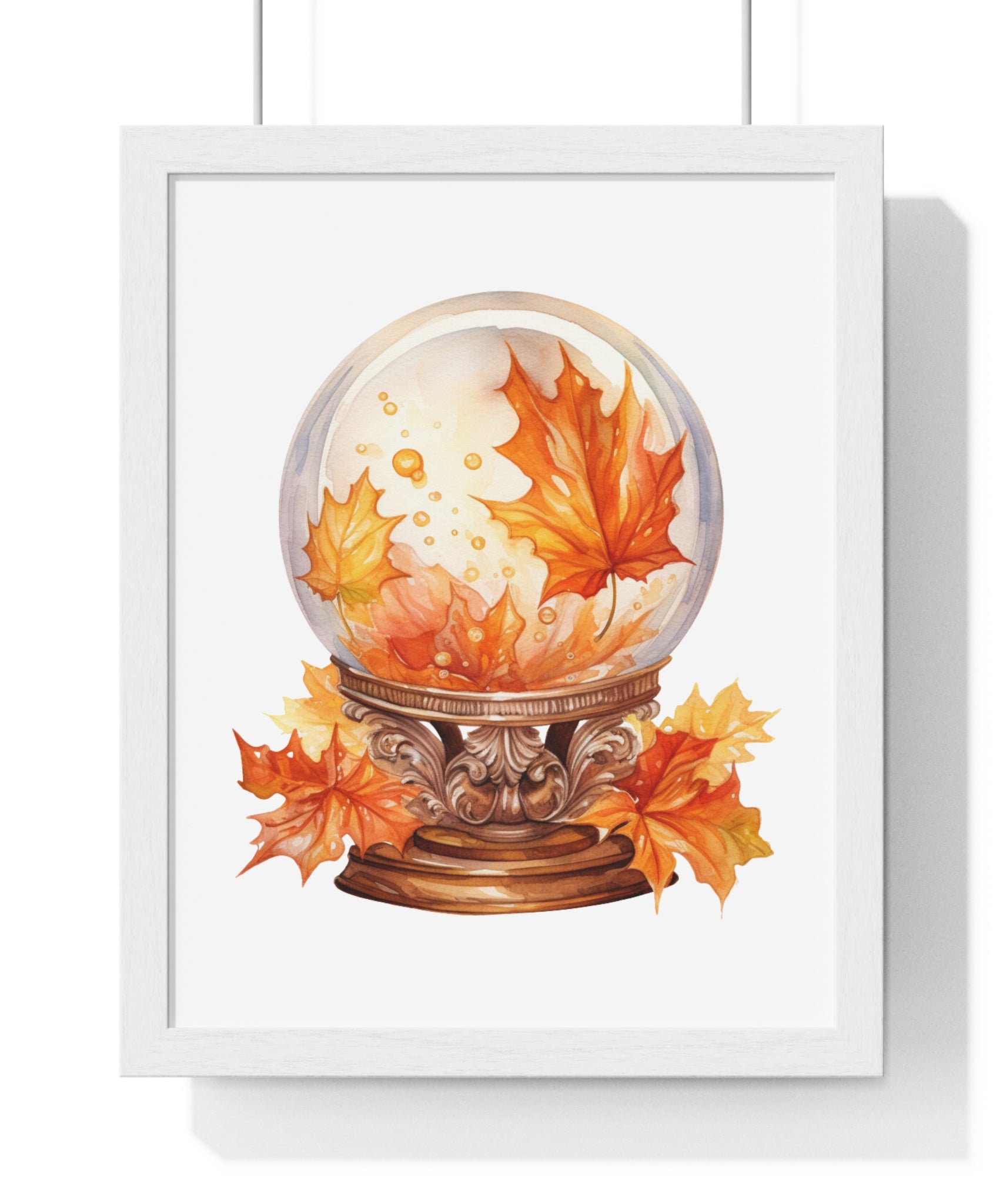 Floating Leaves Snow Globe Wall Art – Ornate Autumn Fantasy Poster | Wooden Frame Seasonal Home Decor
