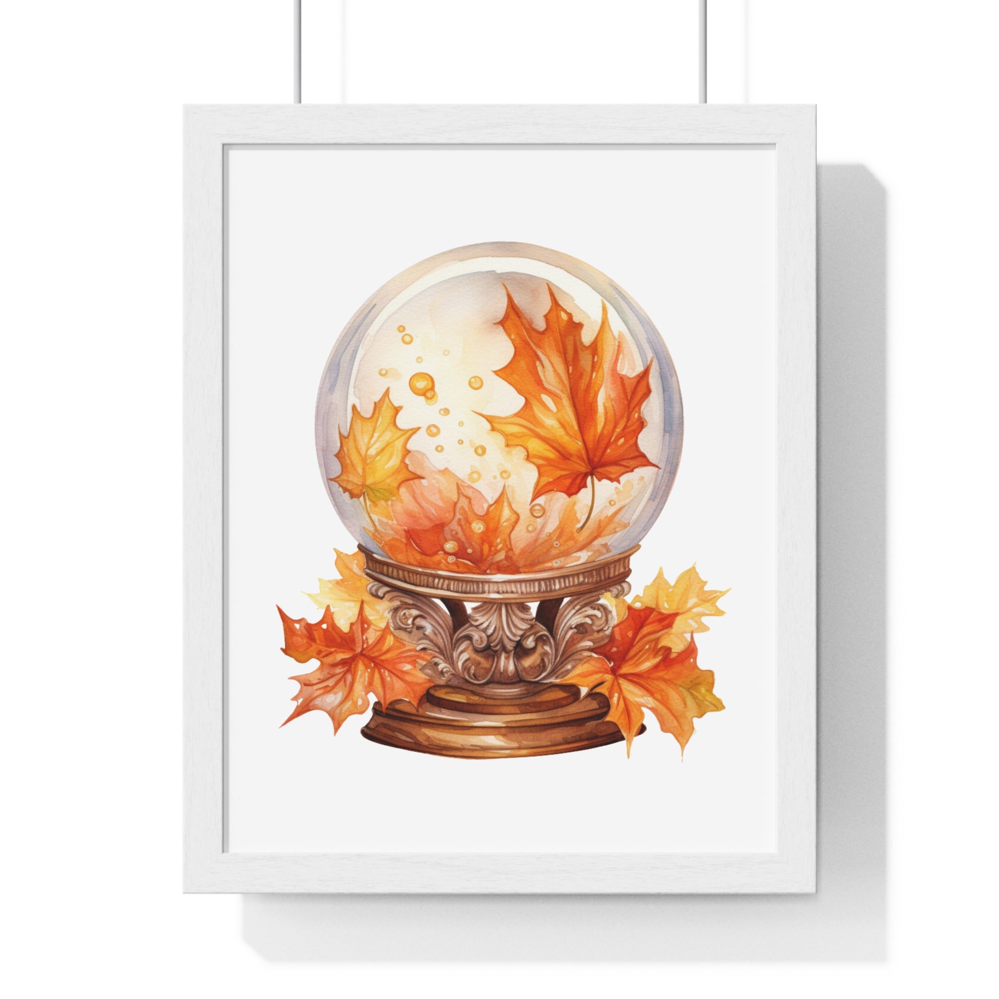 Floating Leaves Snow Globe Wall Art – Ornate Autumn Fantasy Poster | Wooden Frame Seasonal Home Decor