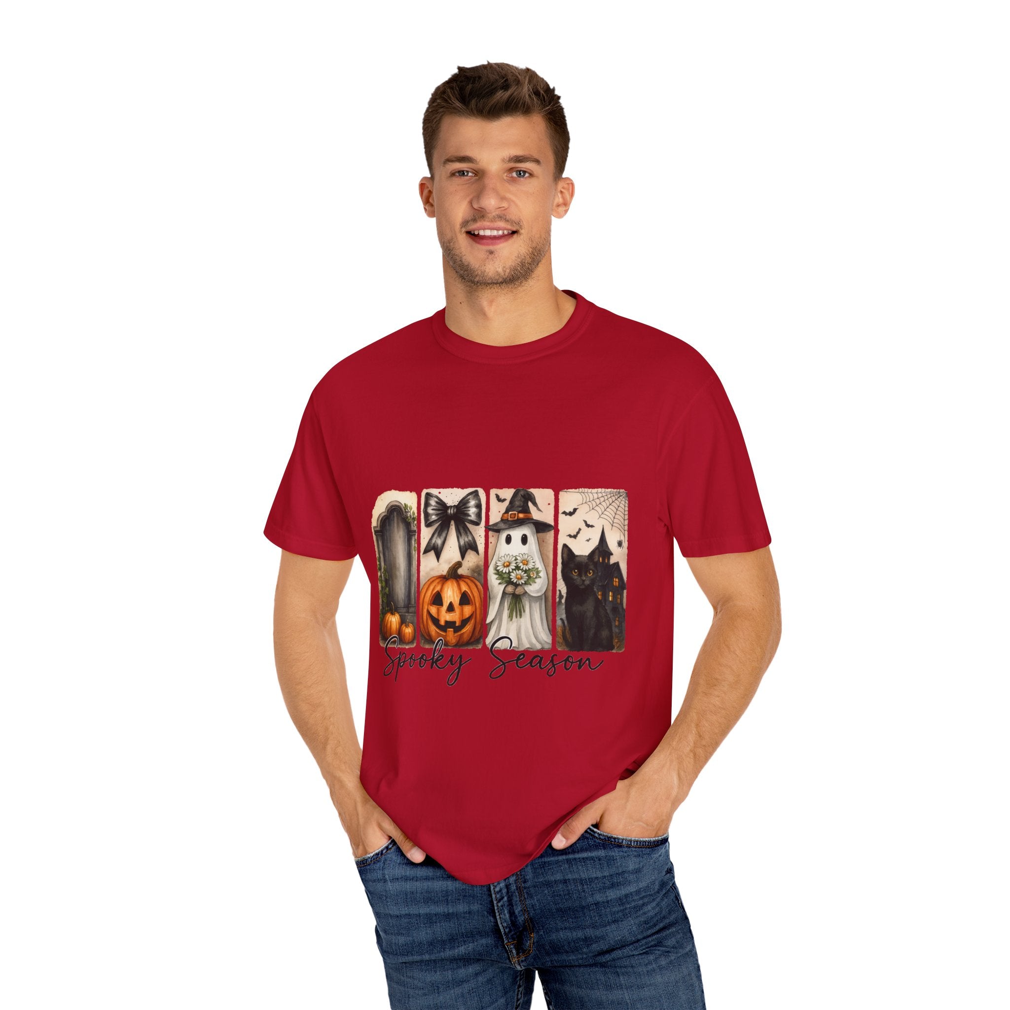 Spooky Season Unisex Halloween T-Shirt – Ghost, Black Cat, Pumpkin & Haunted House Art