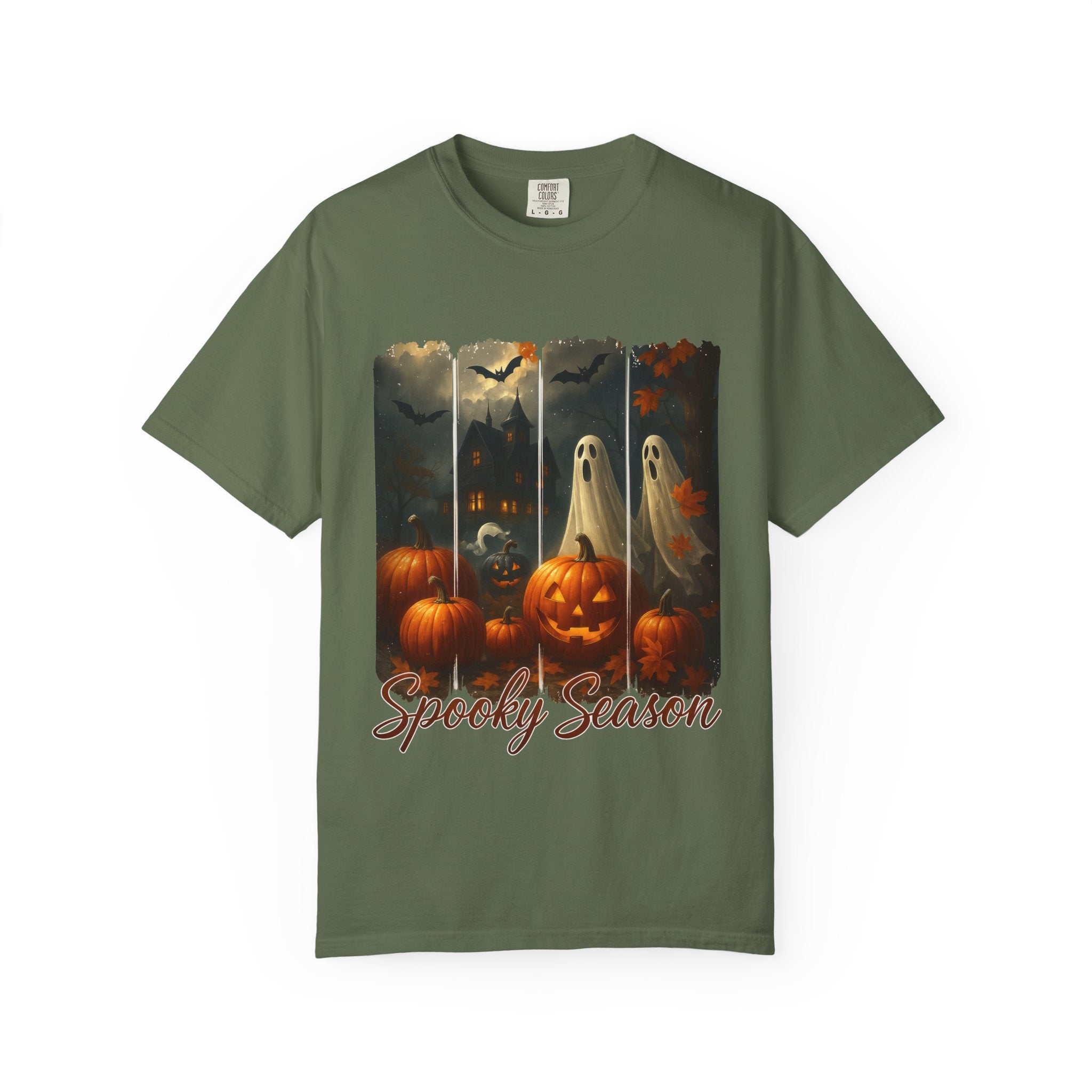 Spooky Season Unisex Halloween T-Shirt – Haunted House, Pumpkins & Ghosts Fall Design