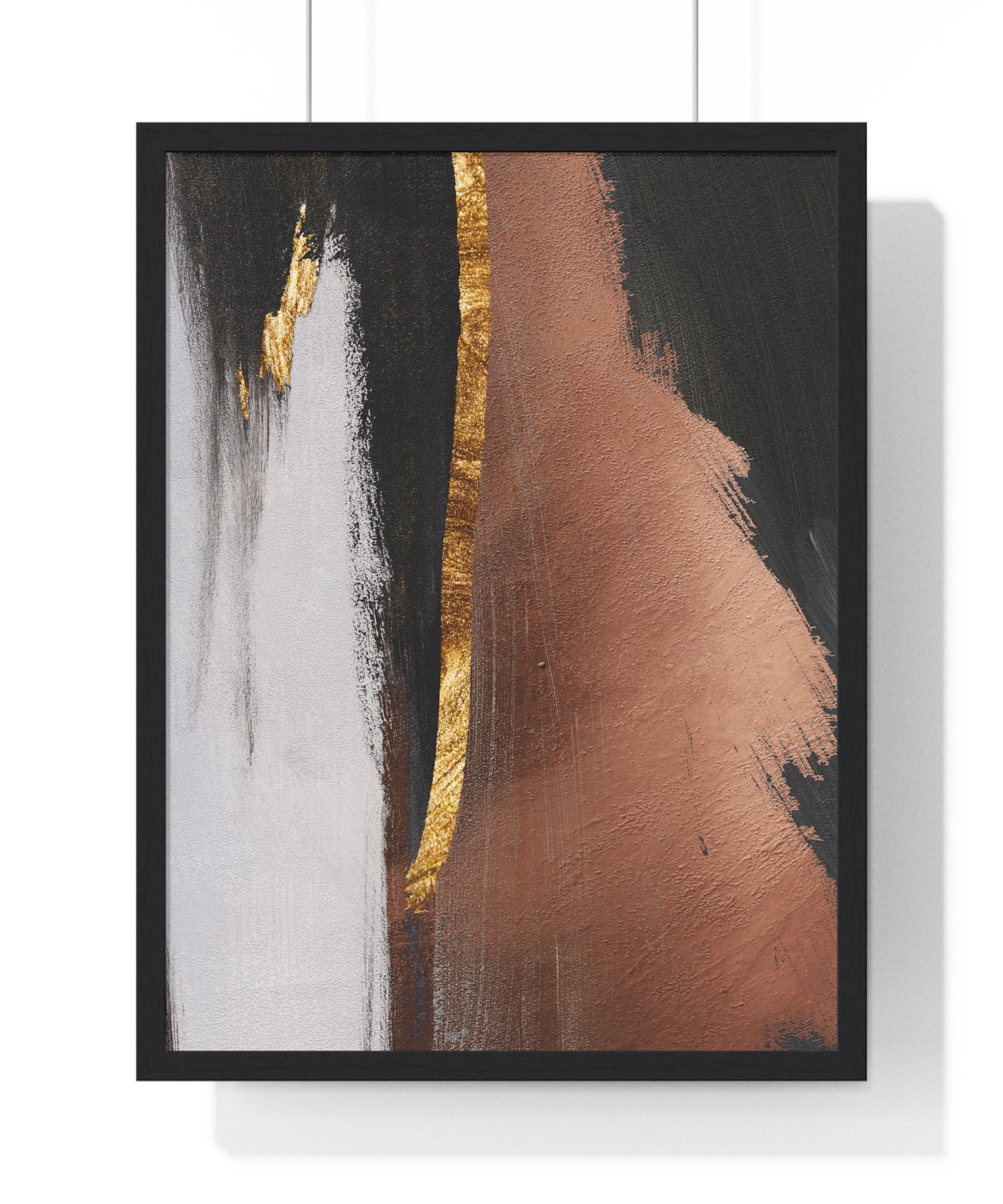 Modern Abstract Wall Art – Bold Black, Copper & Gold Textured Poster on Wooden Frame – Luxury Canvas Print for Home or Office
