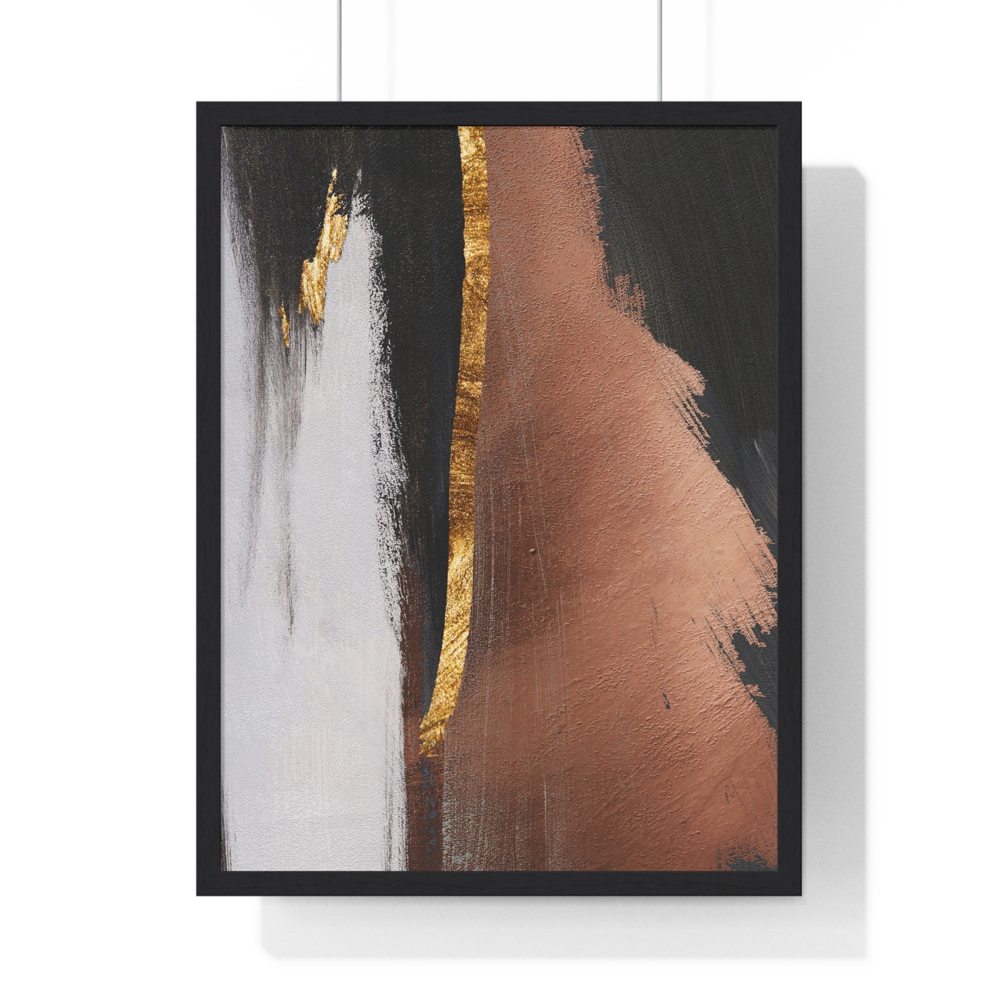 Modern Abstract Wall Art – Bold Black, Copper & Gold Textured Poster on Wooden Frame – Luxury Canvas Print for Home or Office
