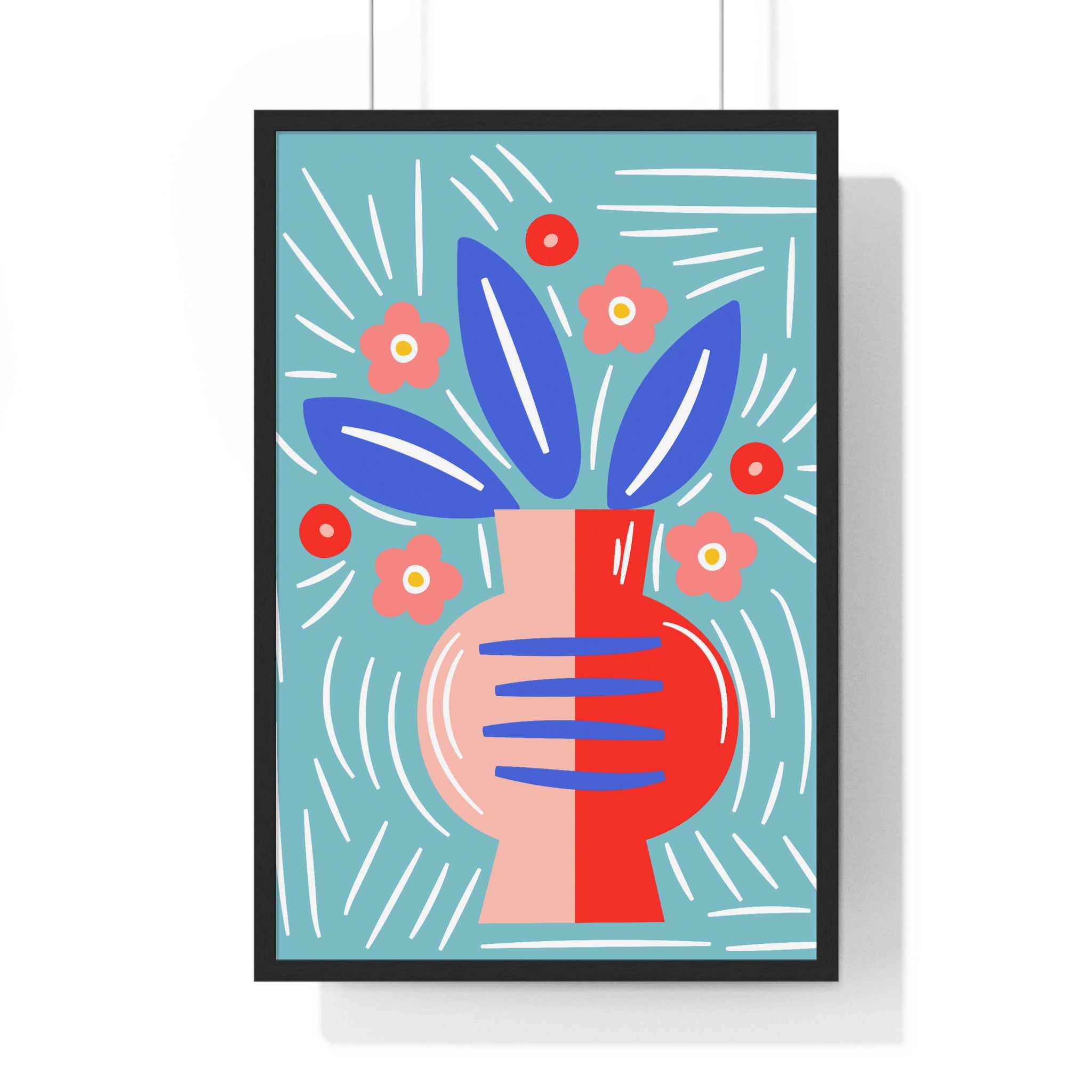 Vibrant Floral Vase Art with Blue Leaves in Premium Frame