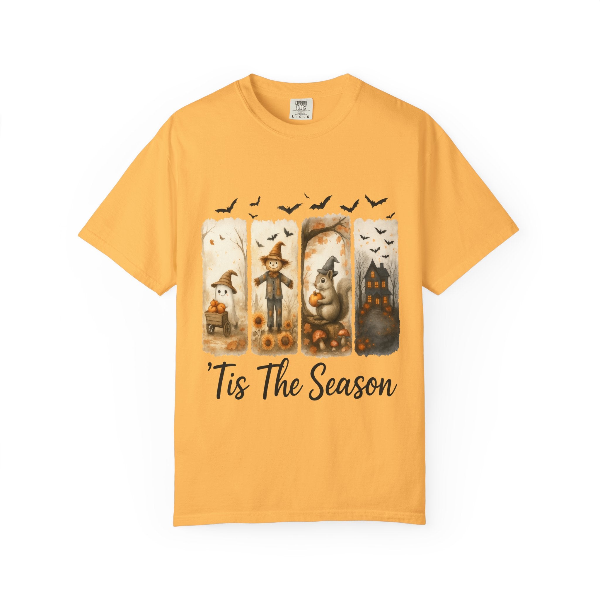 Tis The Season Fall Halloween T-Shirt – Cute Ghost, Scarecrow, Squirrel & Haunted House Design