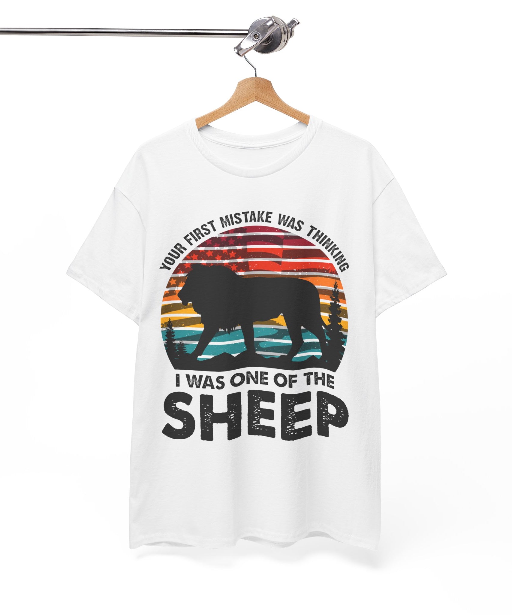 Bold Lion Tee with USA Flag Sunset