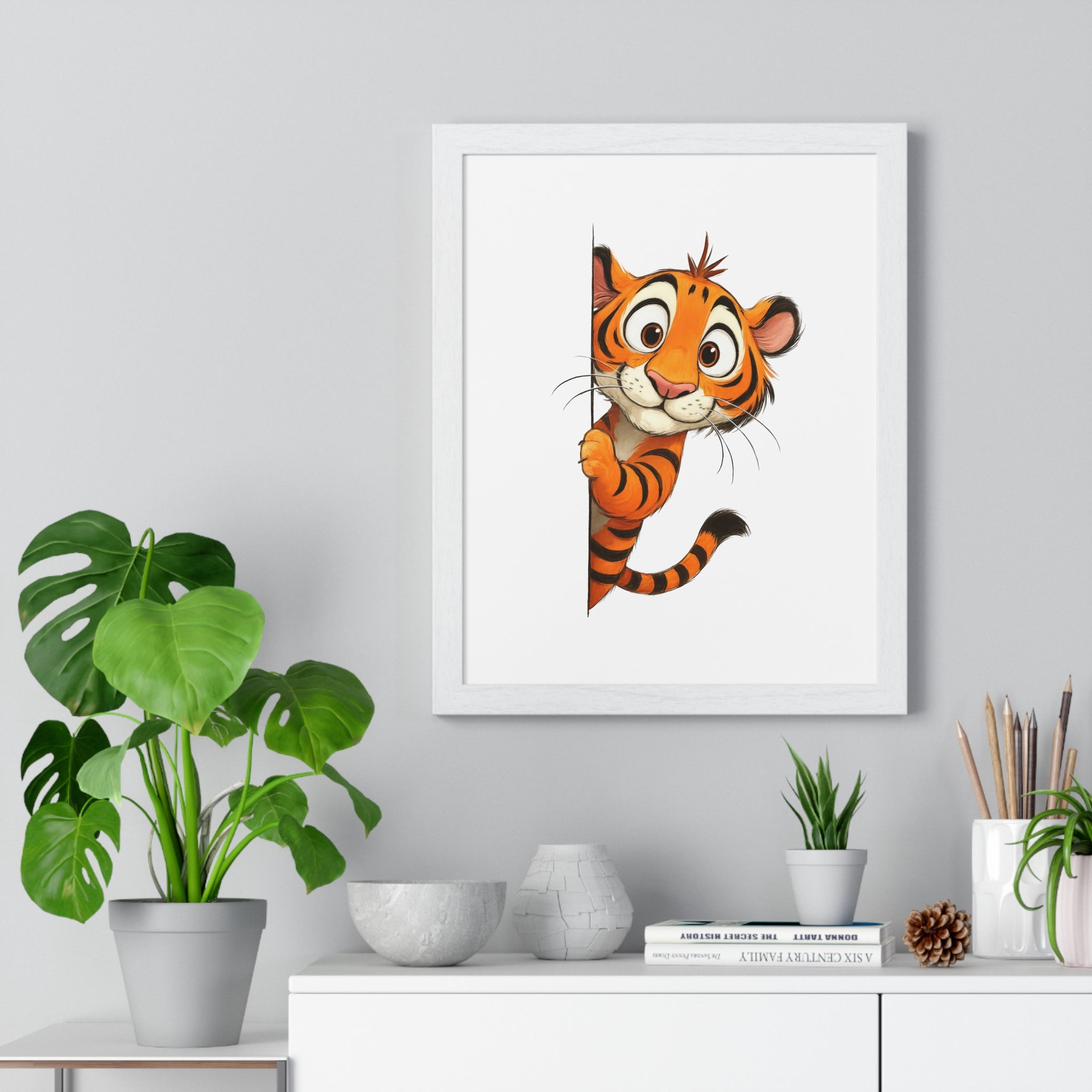 Wooden Frame Wall Decor with Playful Tiger Cub Print