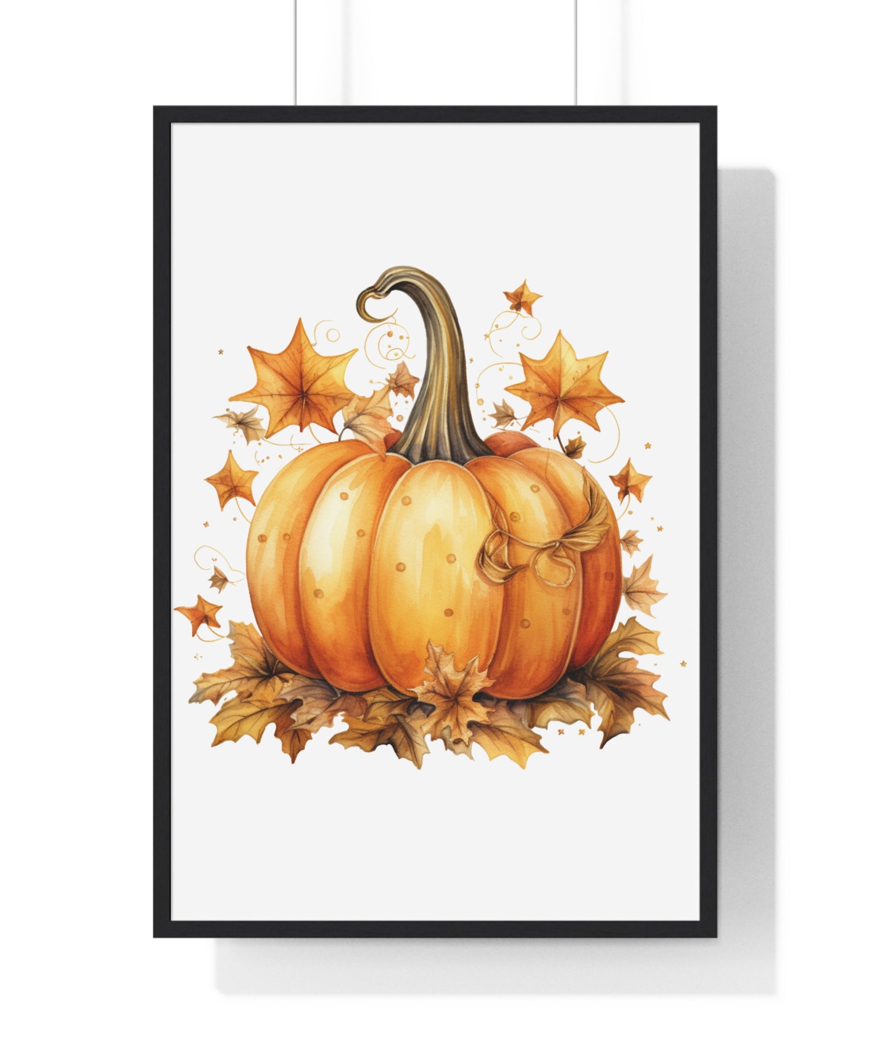Decorative Autumn Pumpkin Wall Art – Bow-Tied Harvest Poster with Leaves & Swirls | Wooden Frame Fall Decor