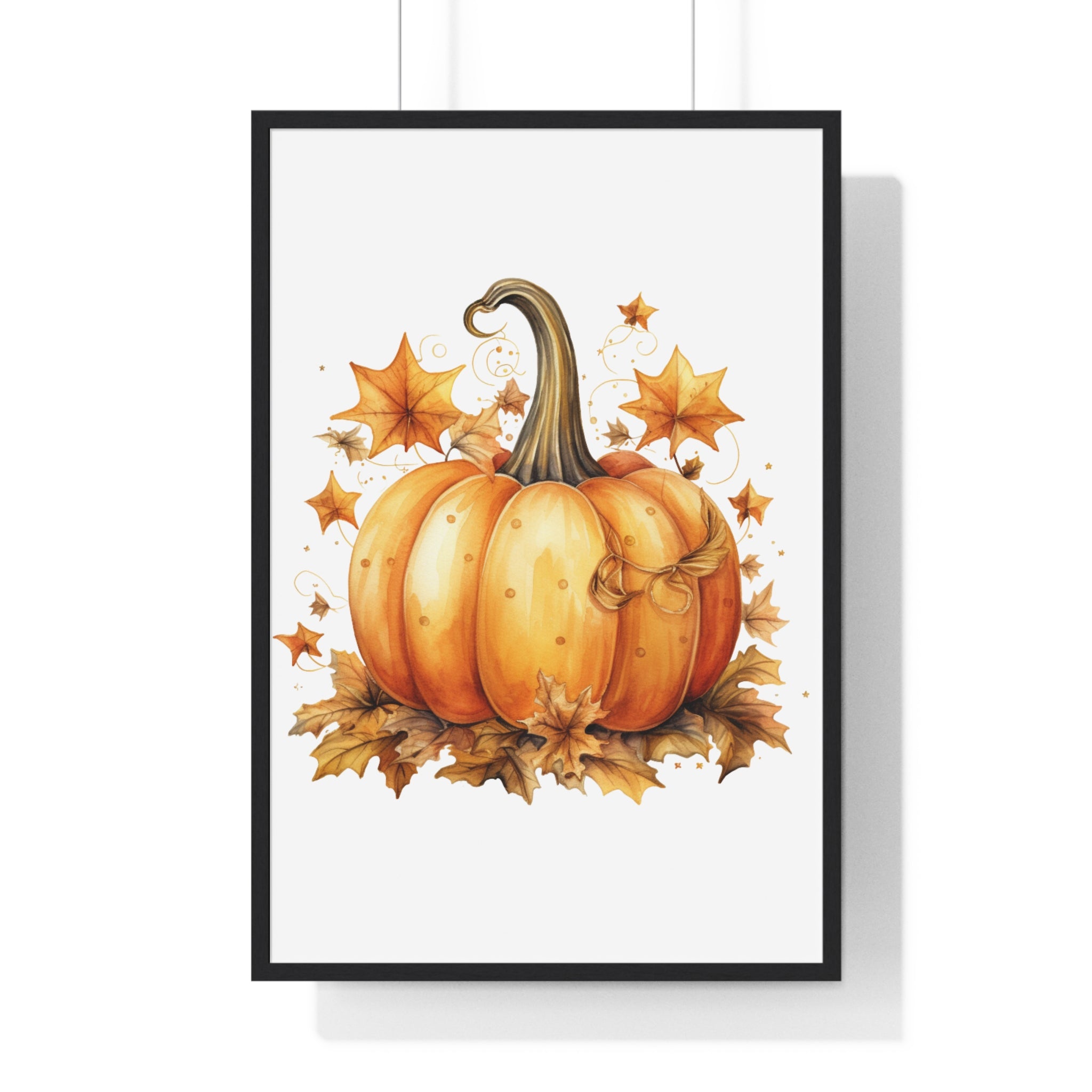Decorative Autumn Pumpkin Wall Art – Bow-Tied Harvest Poster with Leaves & Swirls | Wooden Frame Fall Decor