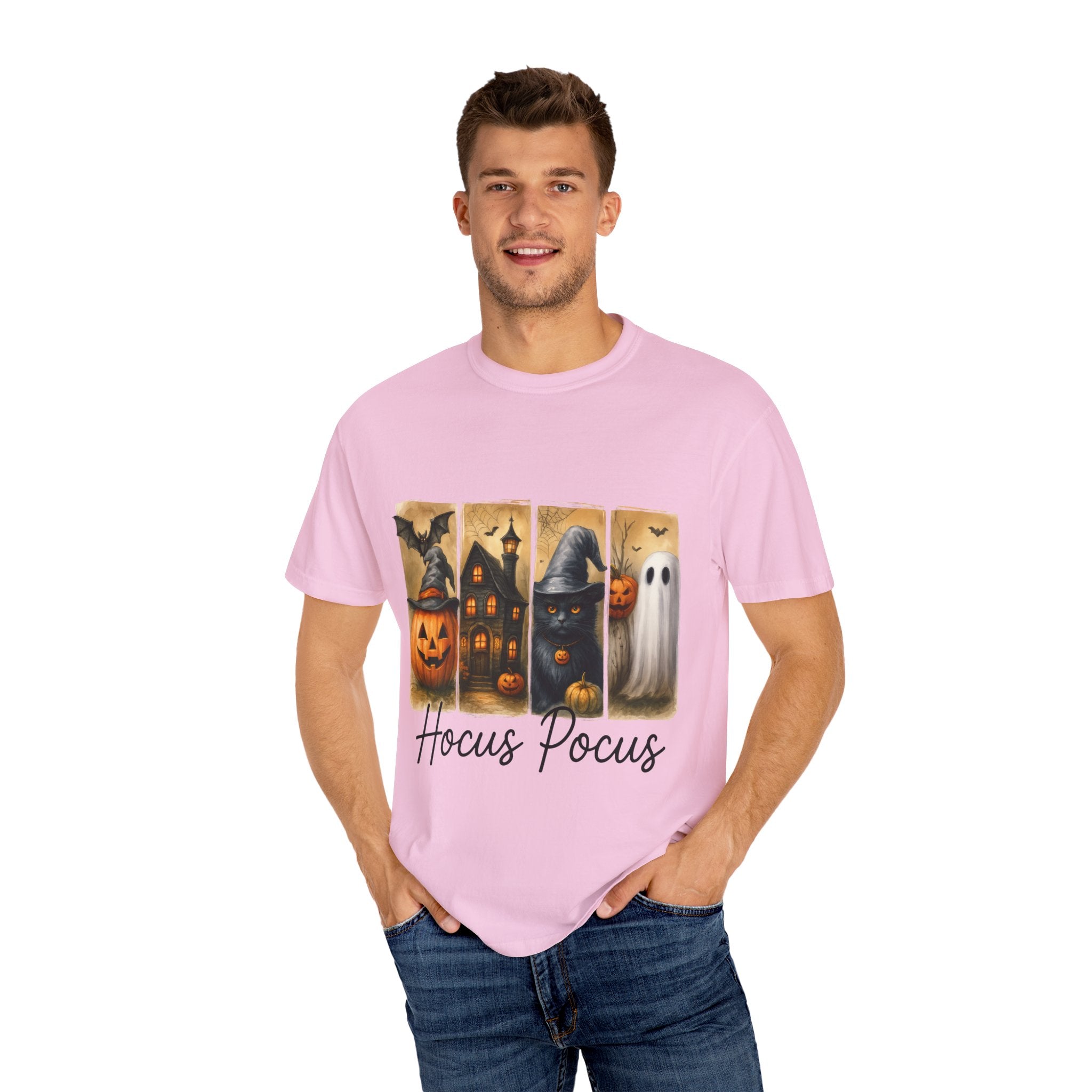 Hocus Pocus Halloween Unisex T-Shirt – Witchy Cat, Haunted House, Pumpkin & Ghost Art