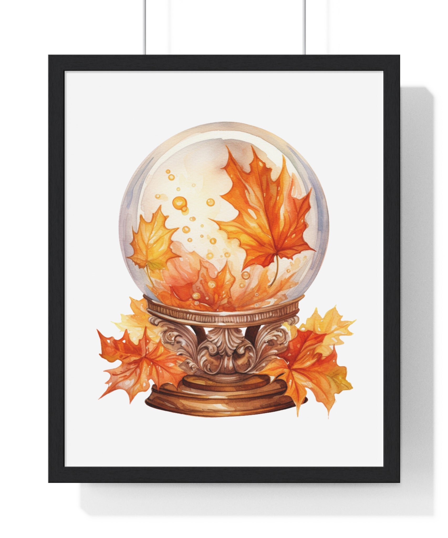 Floating Leaves Snow Globe Wall Art – Ornate Autumn Fantasy Poster | Wooden Frame Seasonal Home Decor