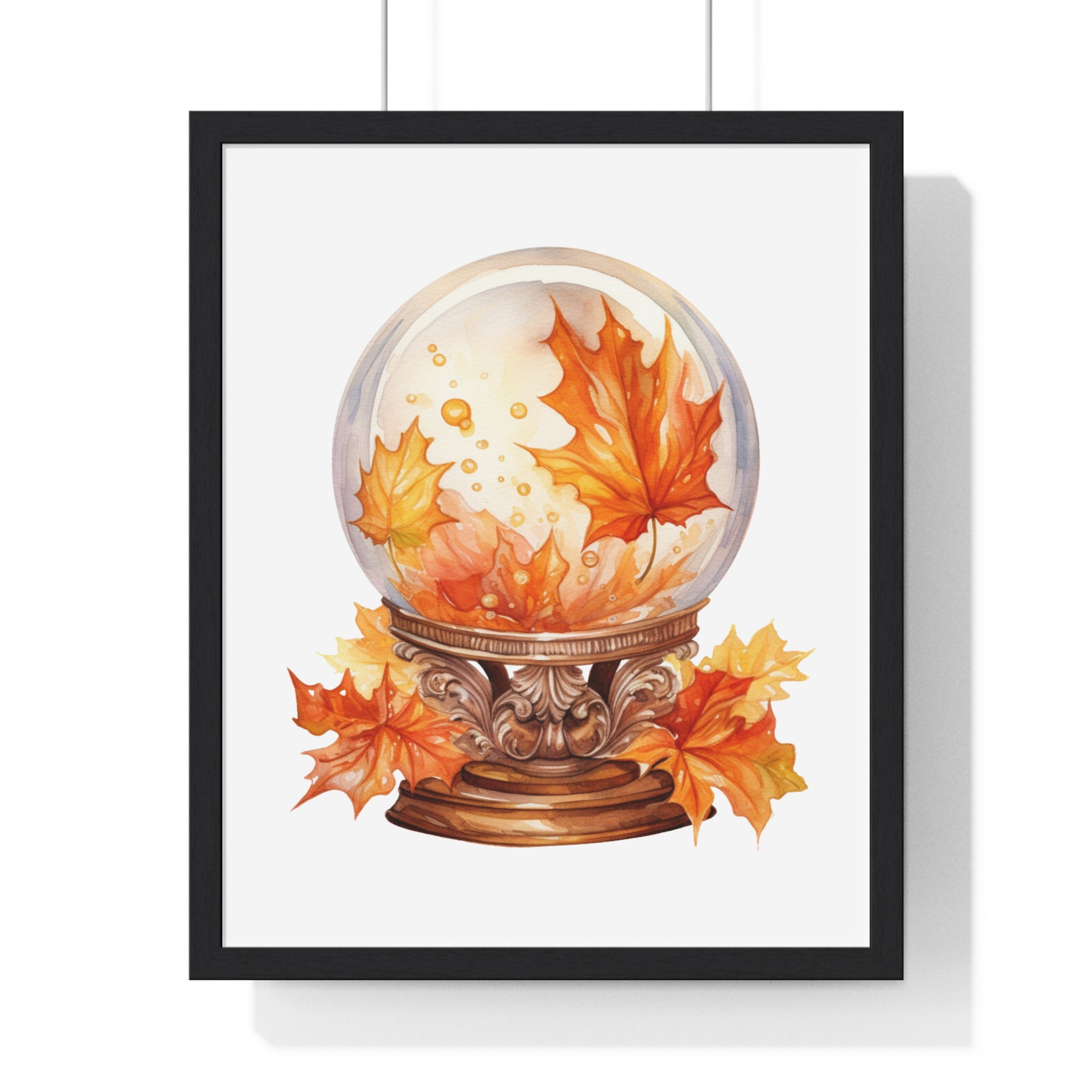 Floating Leaves Snow Globe Wall Art – Ornate Autumn Fantasy Poster | Wooden Frame Seasonal Home Decor