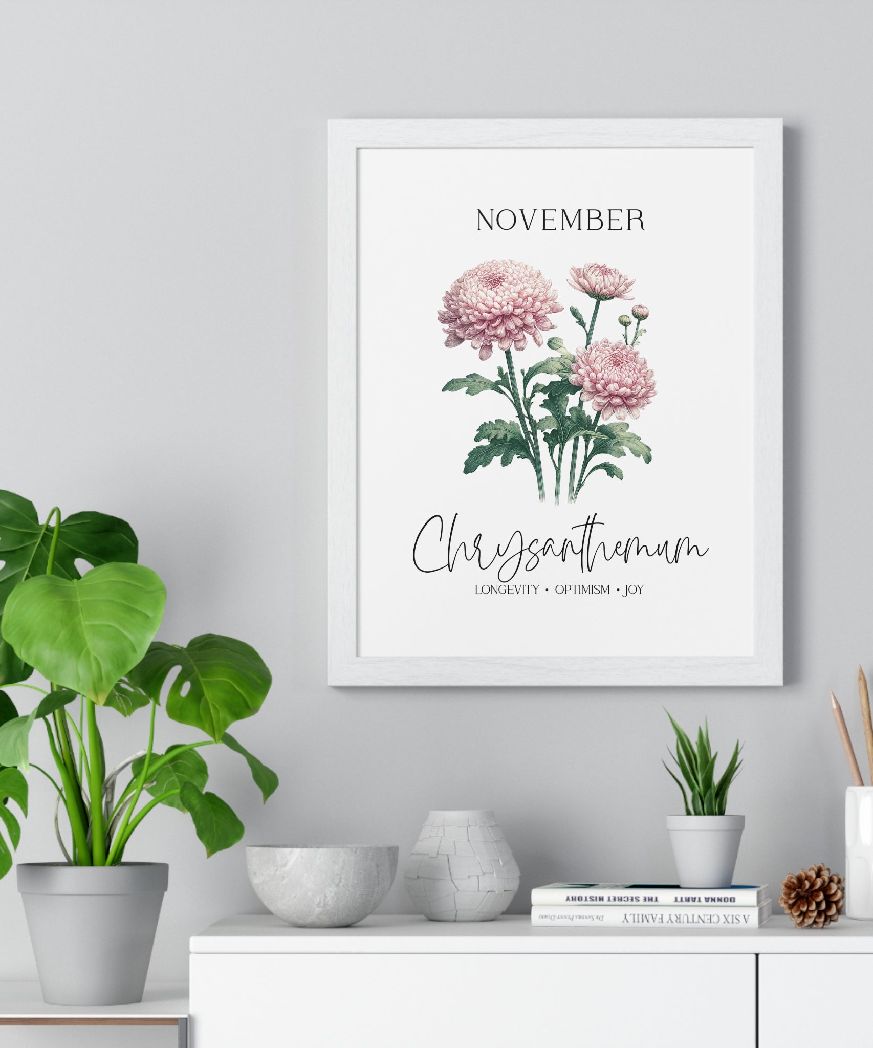 November Birth Month Flower Wall Art – Chrysanthemum Illustration in Wooden Frame | Longevity, Optimism & Joy