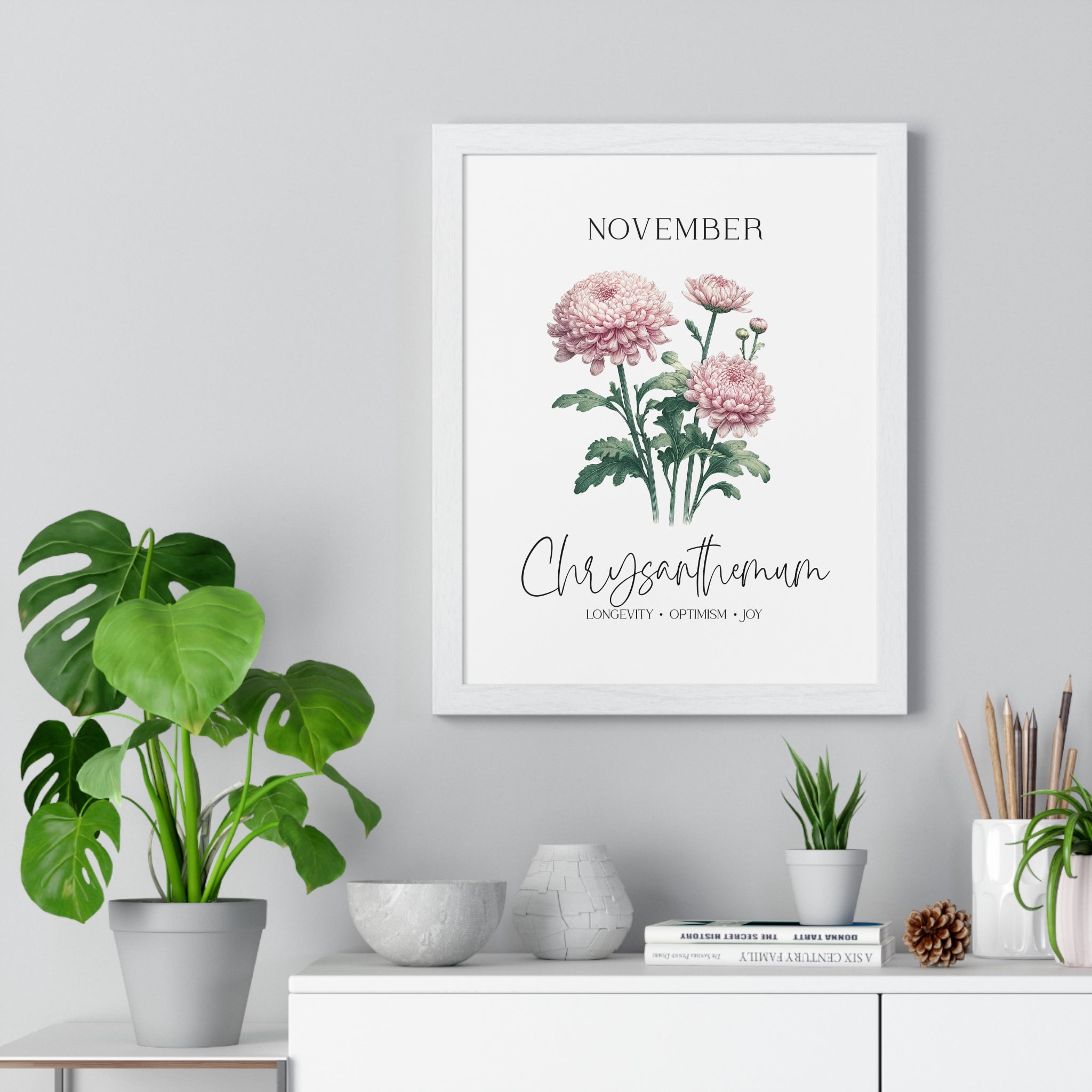 November Birth Month Flower Wall Art – Chrysanthemum Illustration in Wooden Frame | Longevity, Optimism & Joy