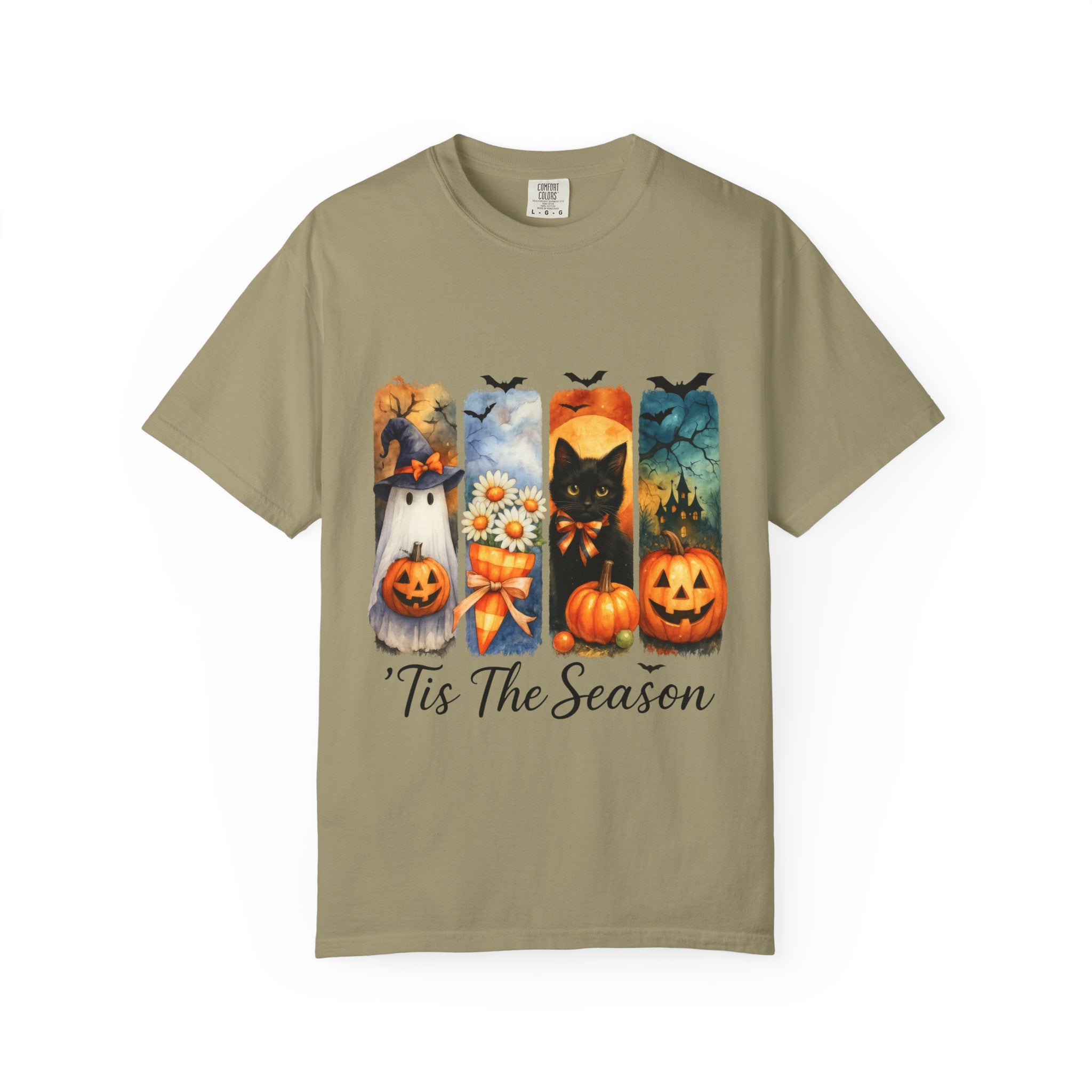 Whimsical Halloween T-Shirt – Ghost, Black Cat, Pumpkins & Haunted House Design
