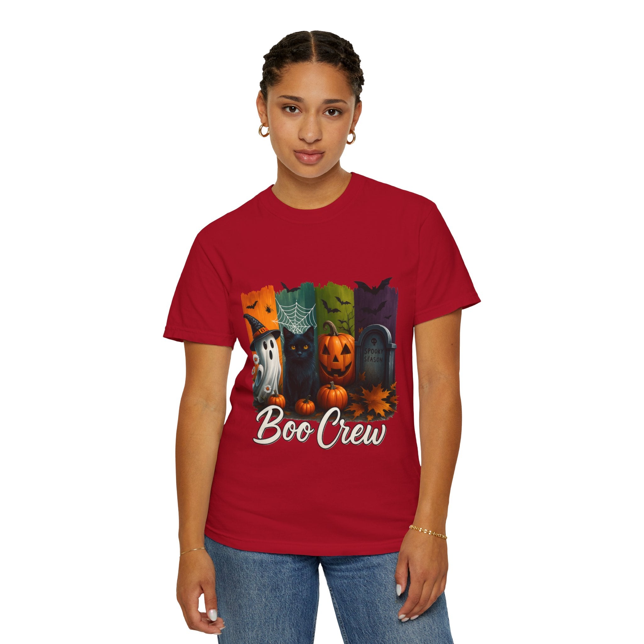 Boo Crew Halloween Unisex T-Shirt – Cute Ghost, Black Cat, Pumpkin & Tombstone Design