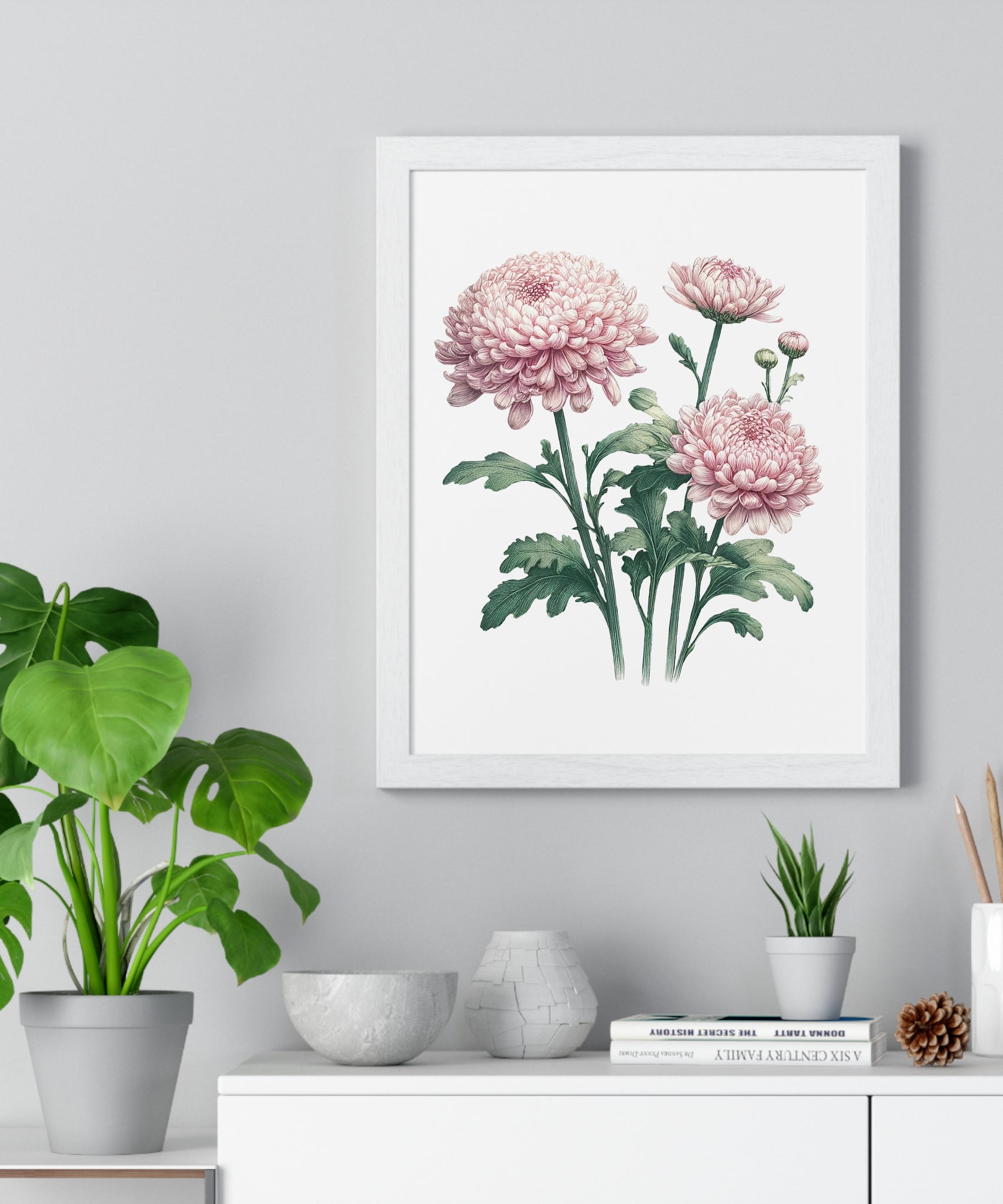 November Birth Month Flower Wall Art – Pink Chrysanthemum Illustration in Wooden Frame | Loyalty, Love & Joy