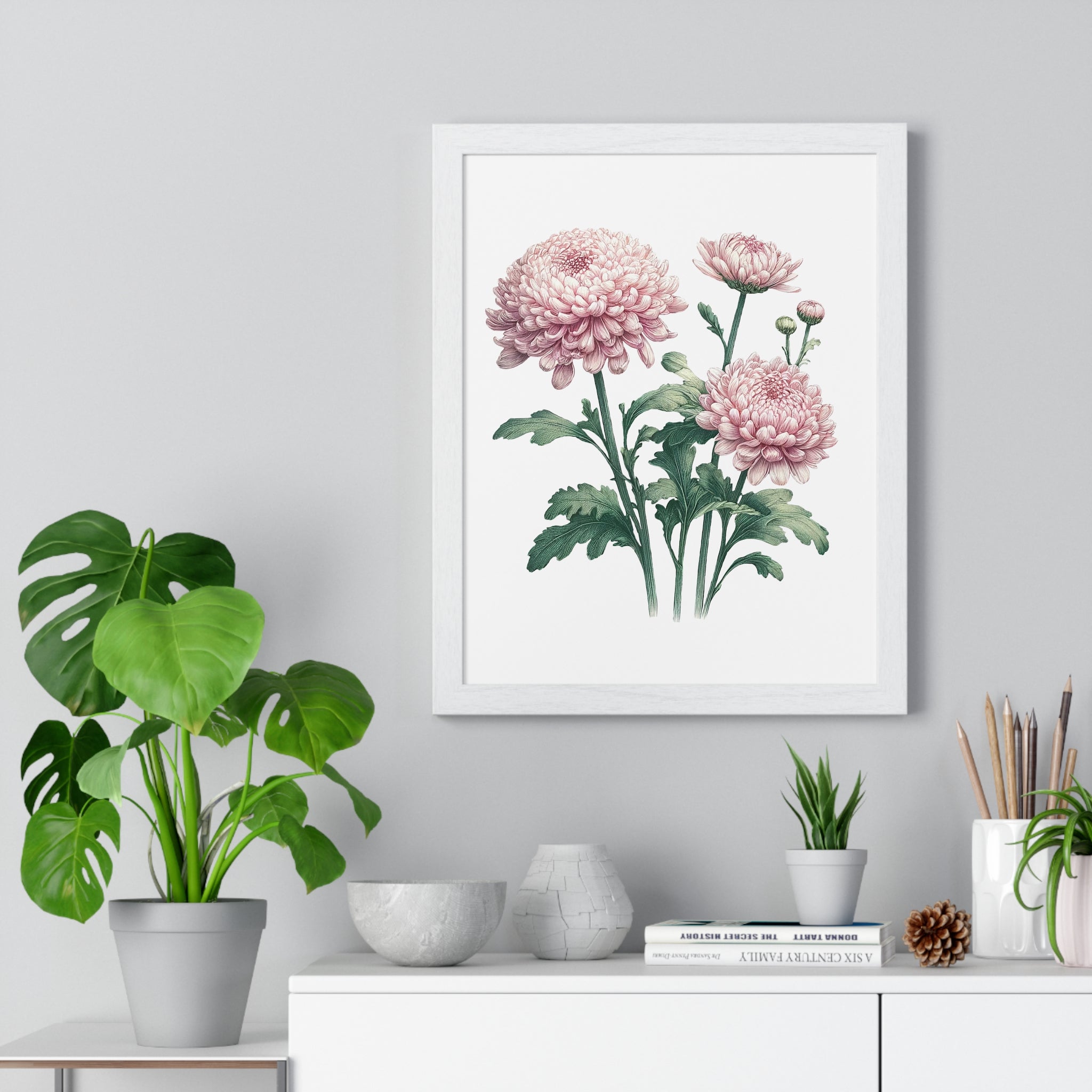 November Birth Month Flower Wall Art – Pink Chrysanthemum Illustration in Wooden Frame | Loyalty, Love & Joy
