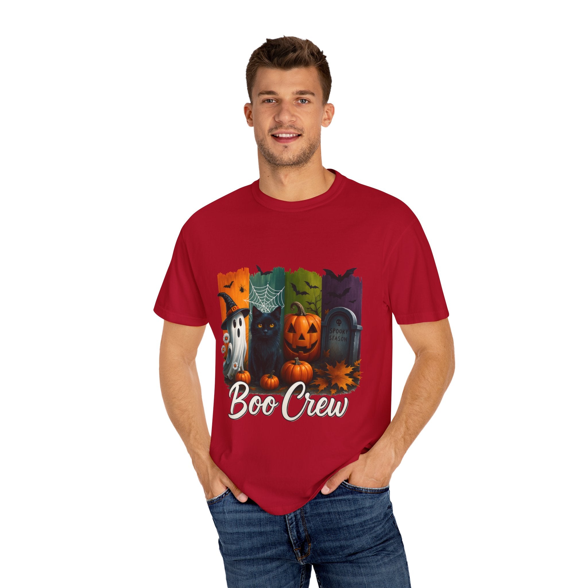 Boo Crew Halloween Unisex T-Shirt – Cute Ghost, Black Cat, Pumpkin & Tombstone Design