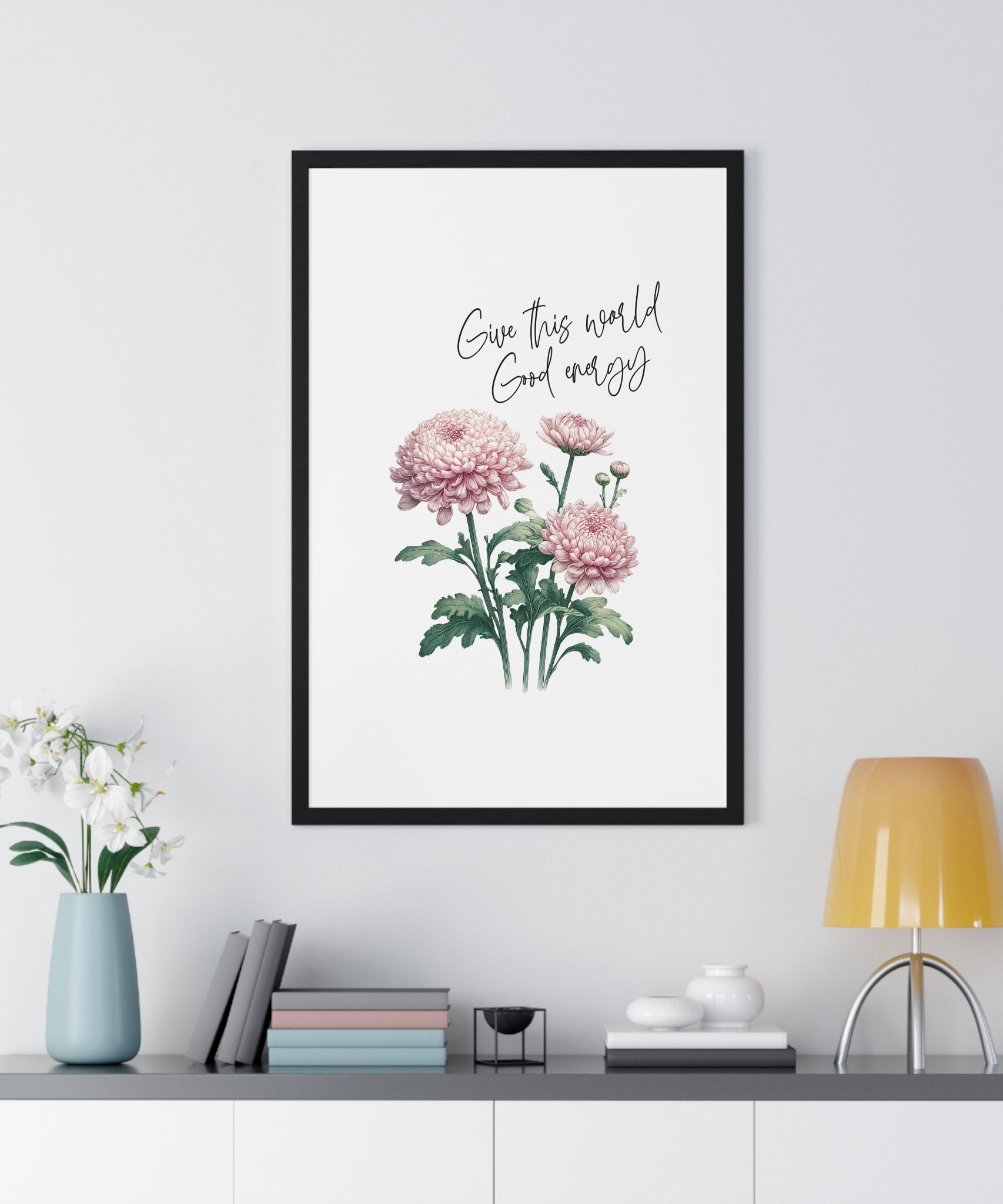 November Birth Month Flower Wall Art – Chrysanthemum Illustration with Inspirational Quote in Wooden Frame | Good Energy & Joy