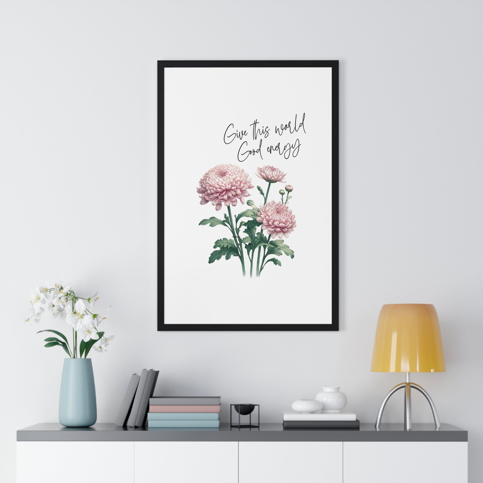 November Birth Month Flower Wall Art – Chrysanthemum Illustration with Inspirational Quote in Wooden Frame | Good Energy & Joy