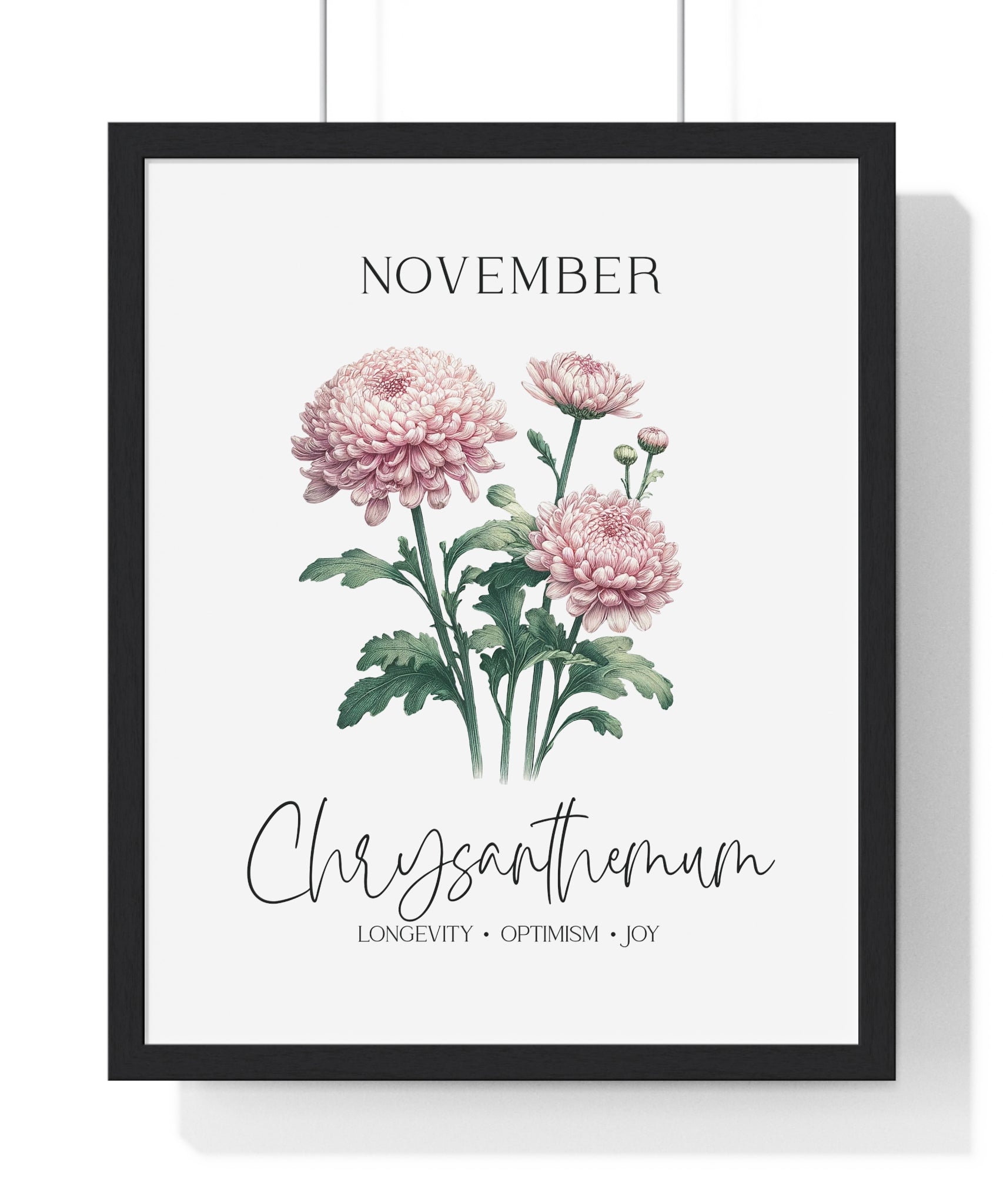November Birth Month Flower Wall Art – Chrysanthemum Illustration in Wooden Frame | Longevity, Optimism & Joy