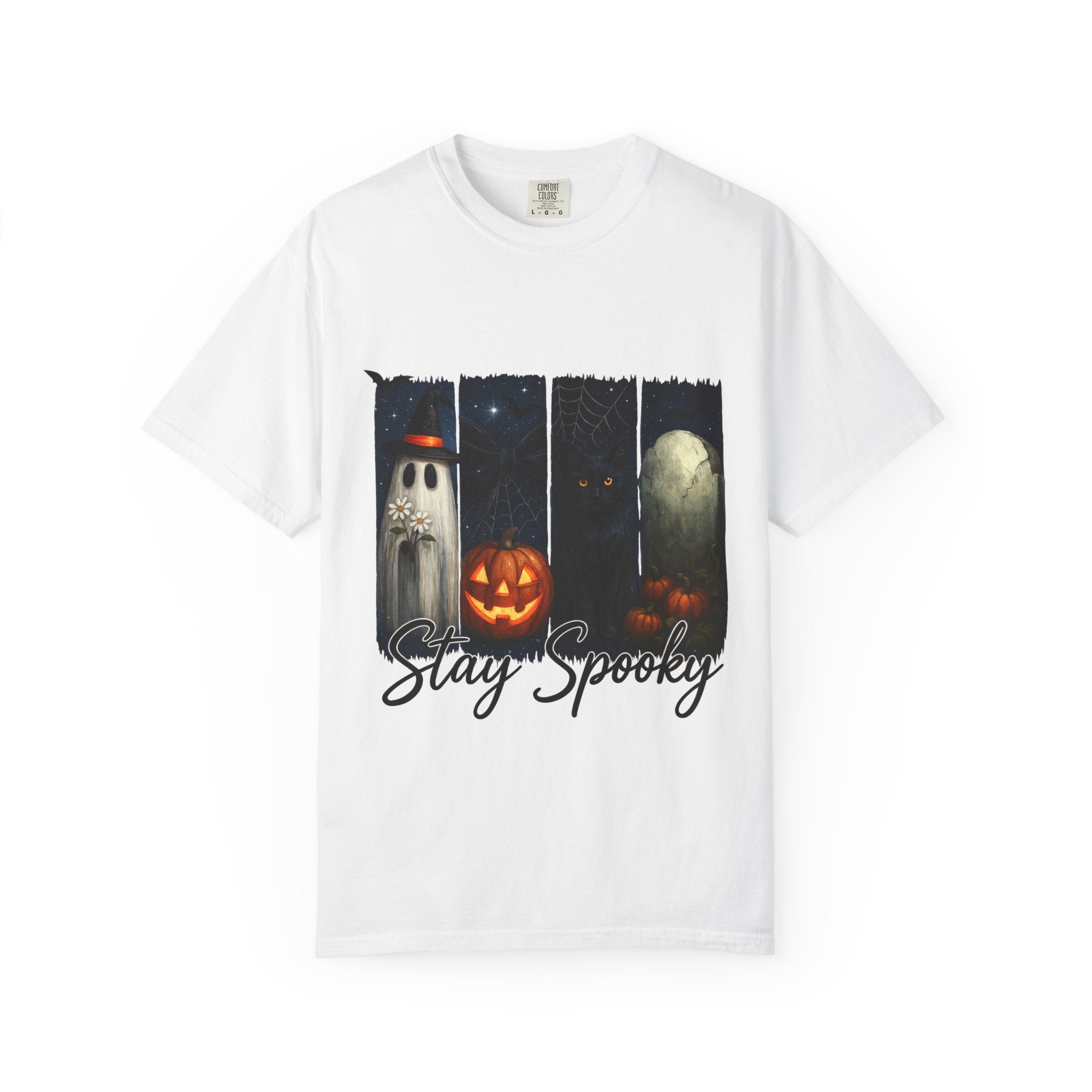 Stay Spooky Halloween T-Shirt – Cute Ghost, Black Cat, Pumpkin & Graveyard Design