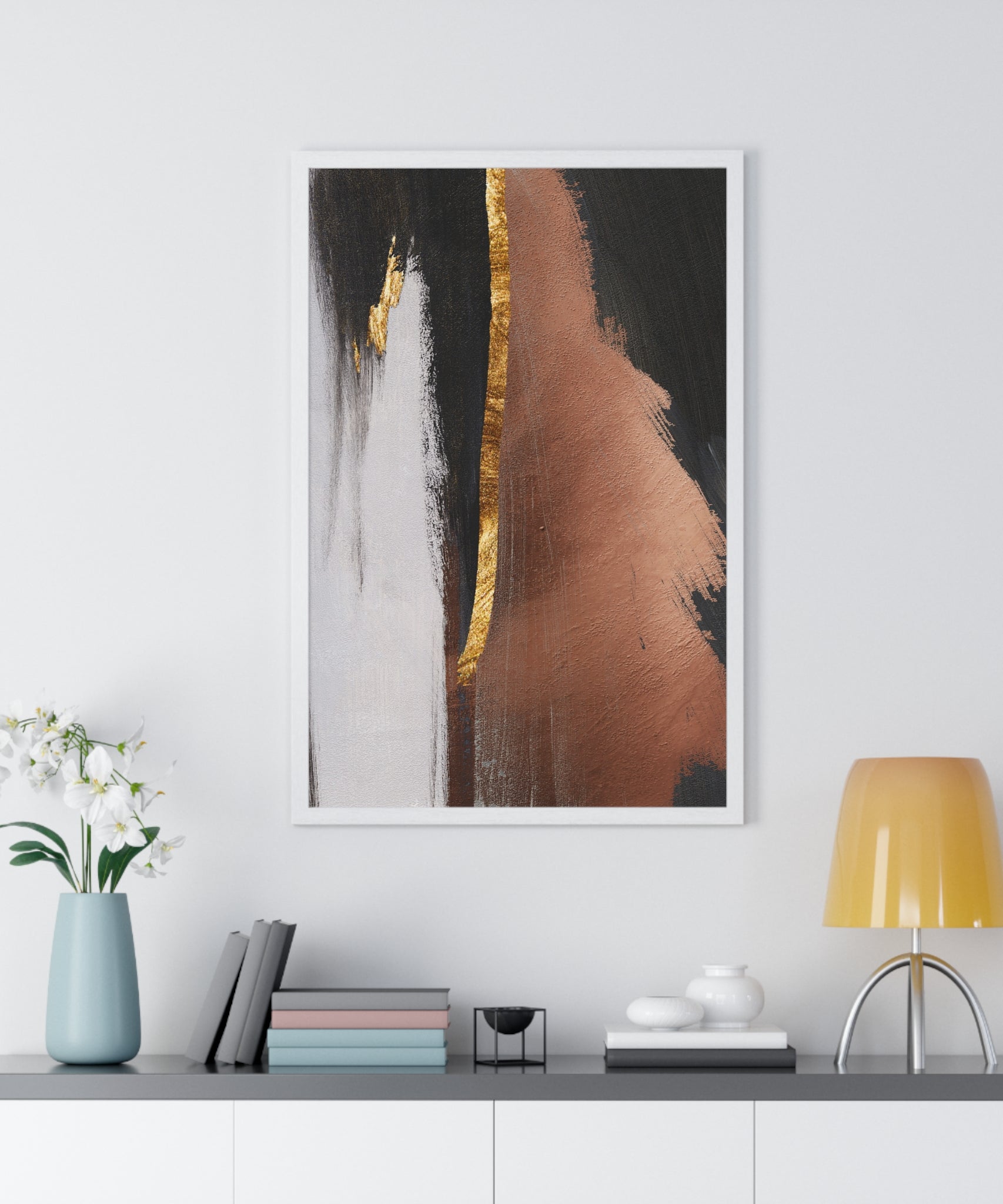 Modern Abstract Wall Art – Bold Black, Copper & Gold Textured Poster on Wooden Frame – Luxury Canvas Print for Home or Office
