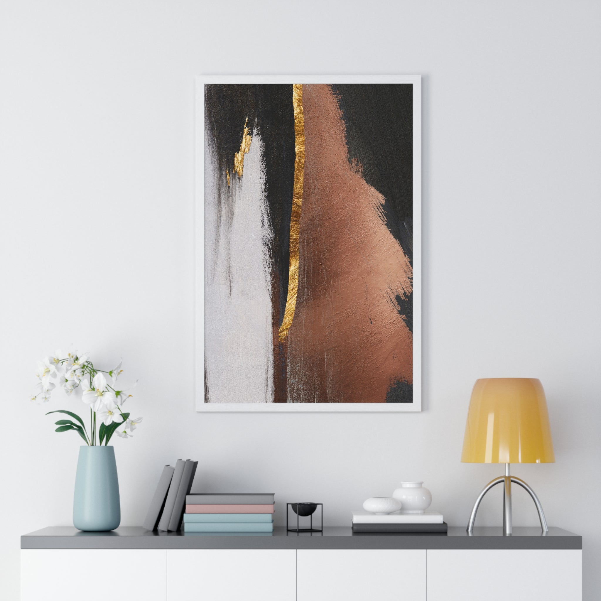 Modern Abstract Wall Art – Bold Black, Copper & Gold Textured Poster on Wooden Frame – Luxury Canvas Print for Home or Office