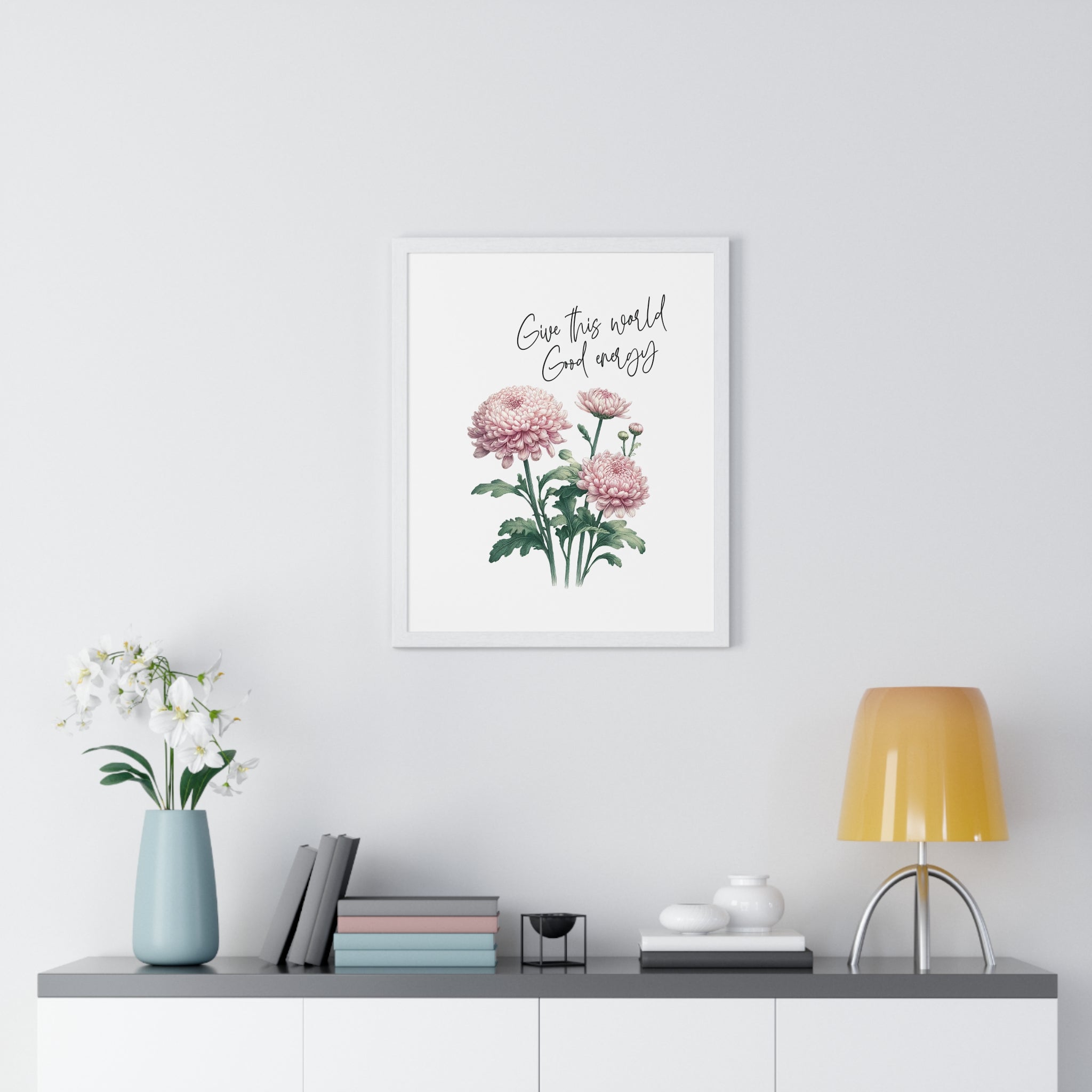 November Birth Month Flower Wall Art – Chrysanthemum Illustration with Inspirational Quote in Wooden Frame | Good Energy & Joy