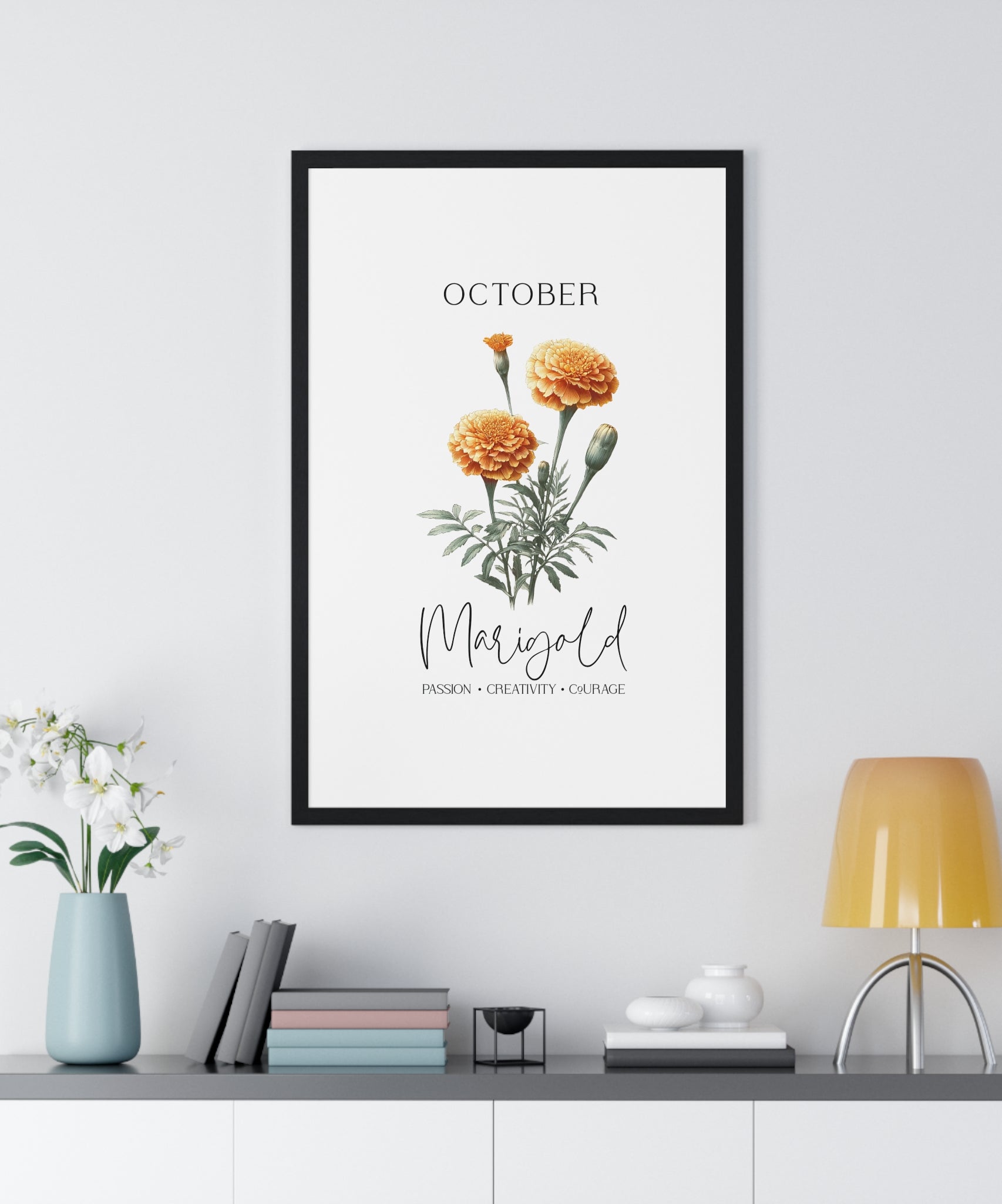 October Birth Month Flower Wall Art – Marigold Illustration in Wooden Frame | Passion, Creativity & Courage