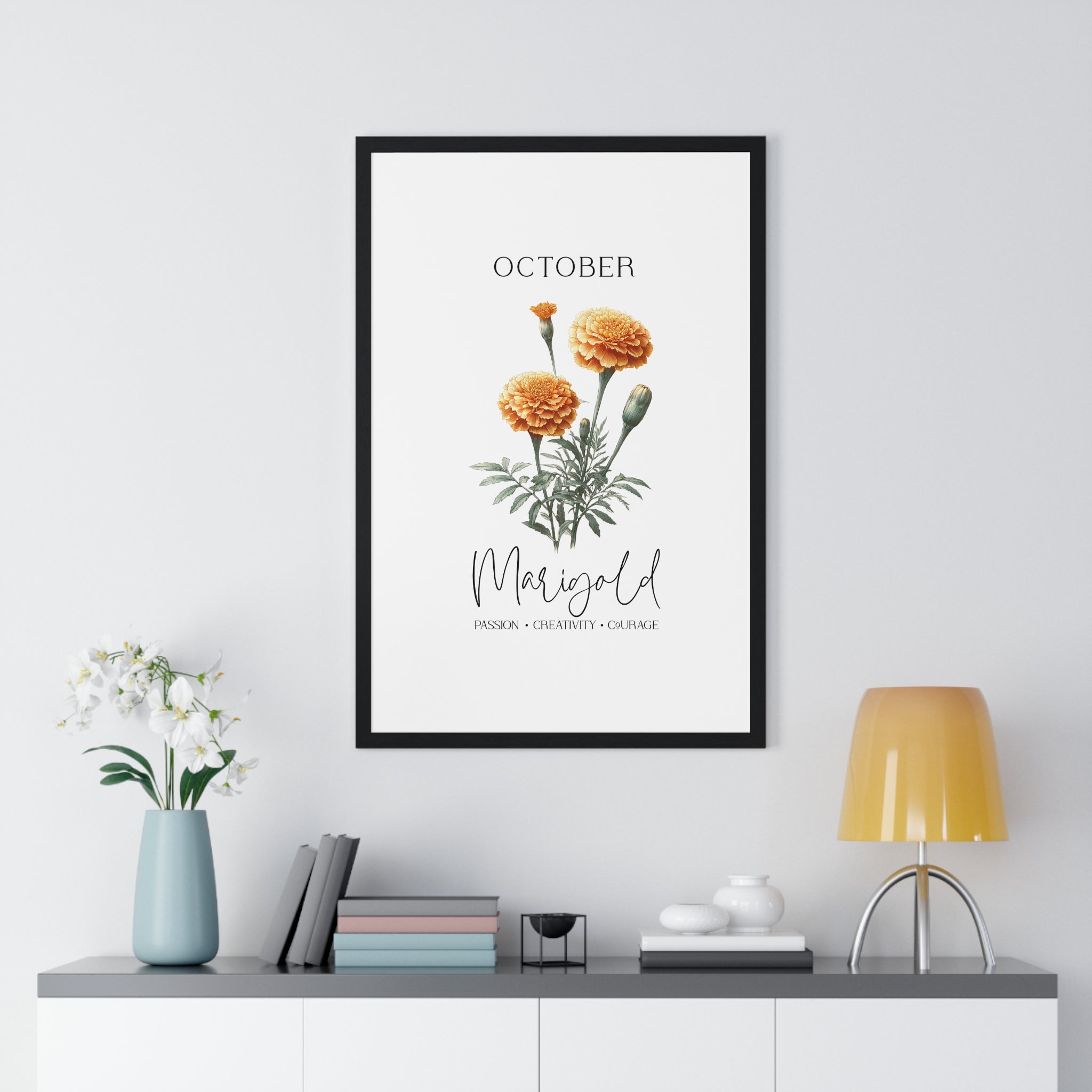 October Birth Month Flower Wall Art – Marigold Illustration in Wooden Frame | Passion, Creativity & Courage