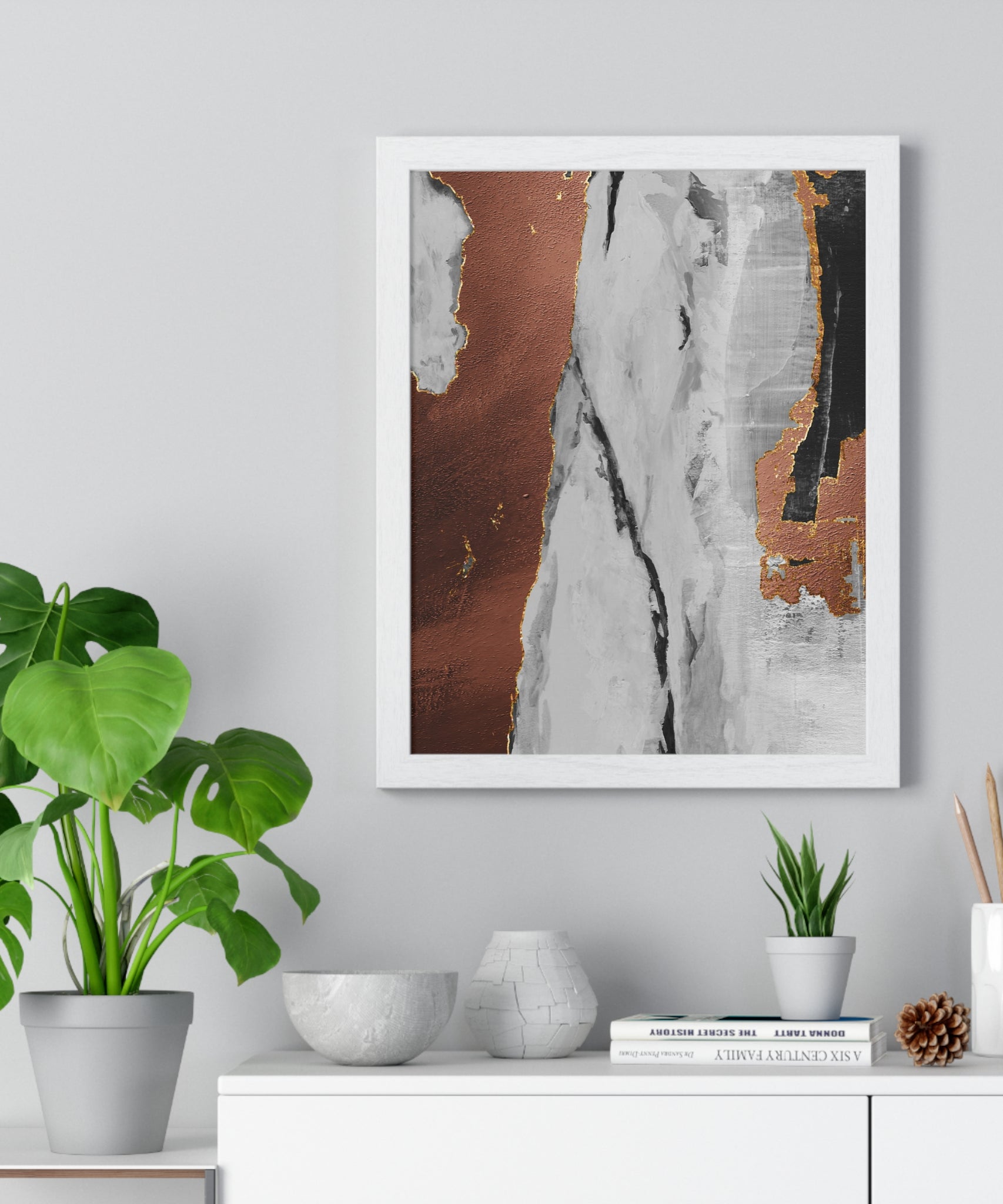 Luxury Abstract Wall Art Poster – Metallic Copper & Marble Texture on Wooden Frame – Modern Home Décor