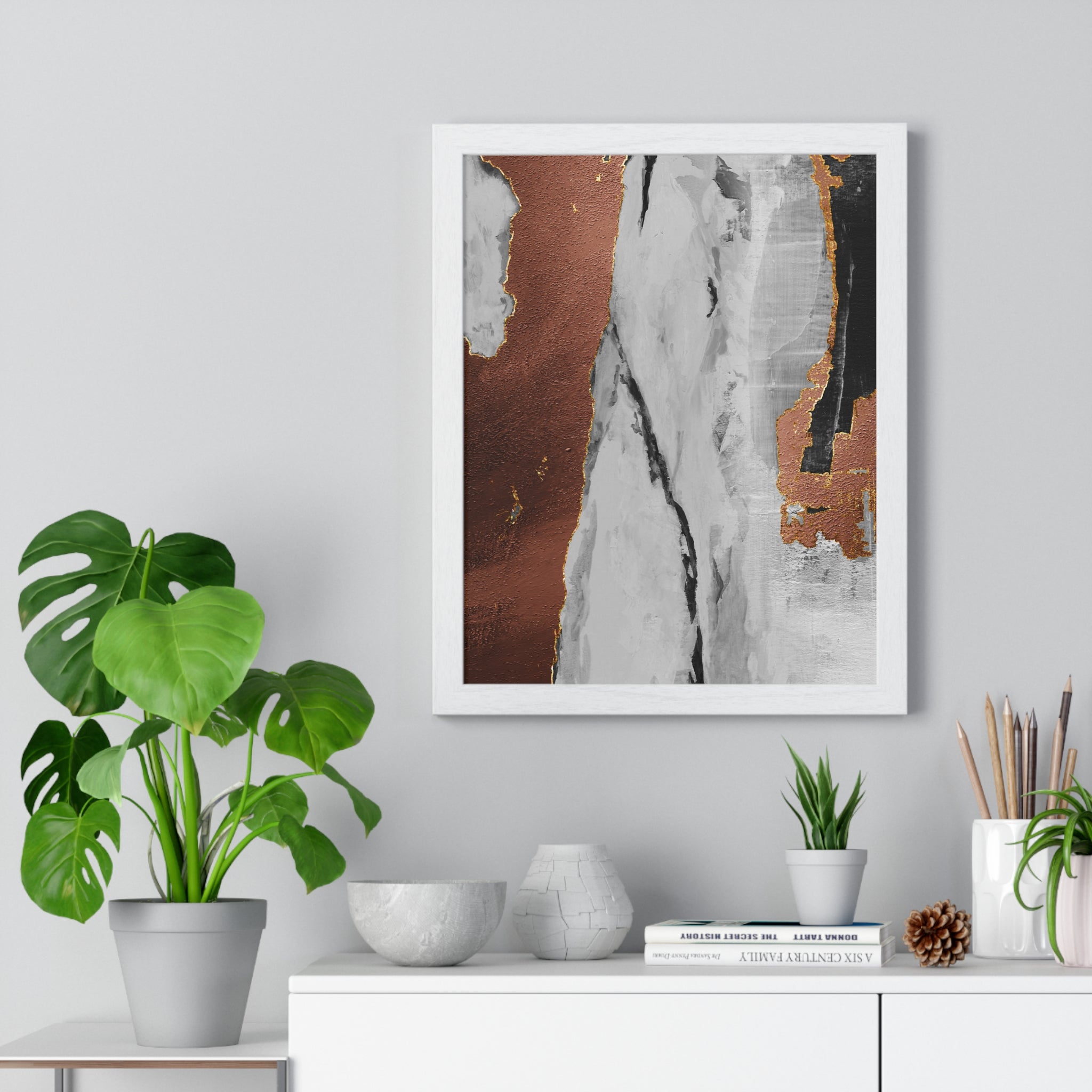 Luxury Abstract Wall Art Poster – Metallic Copper & Marble Texture on Wooden Frame – Modern Home Décor