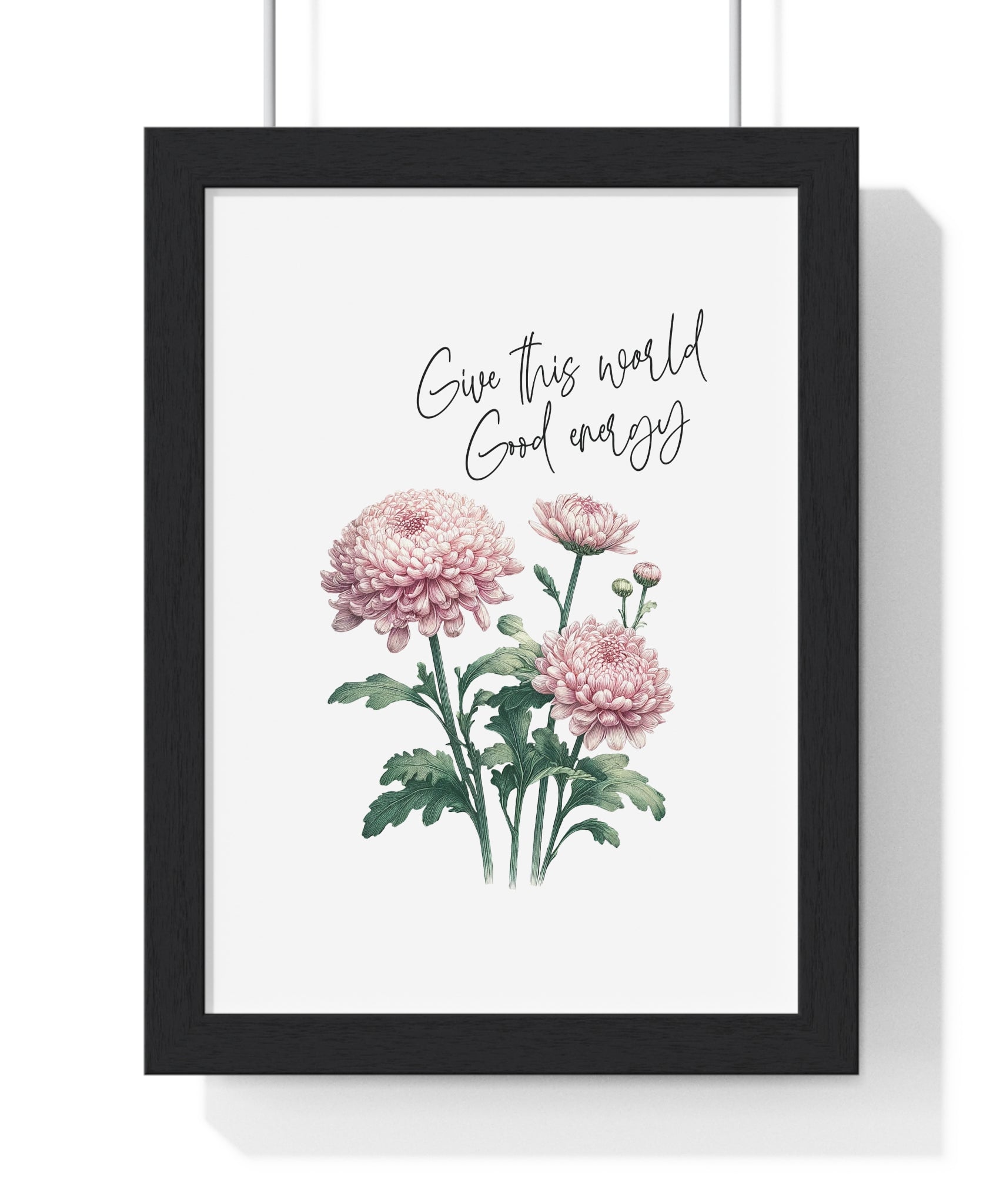 November Birth Month Flower Wall Art – Chrysanthemum Illustration with Inspirational Quote in Wooden Frame | Good Energy & Joy