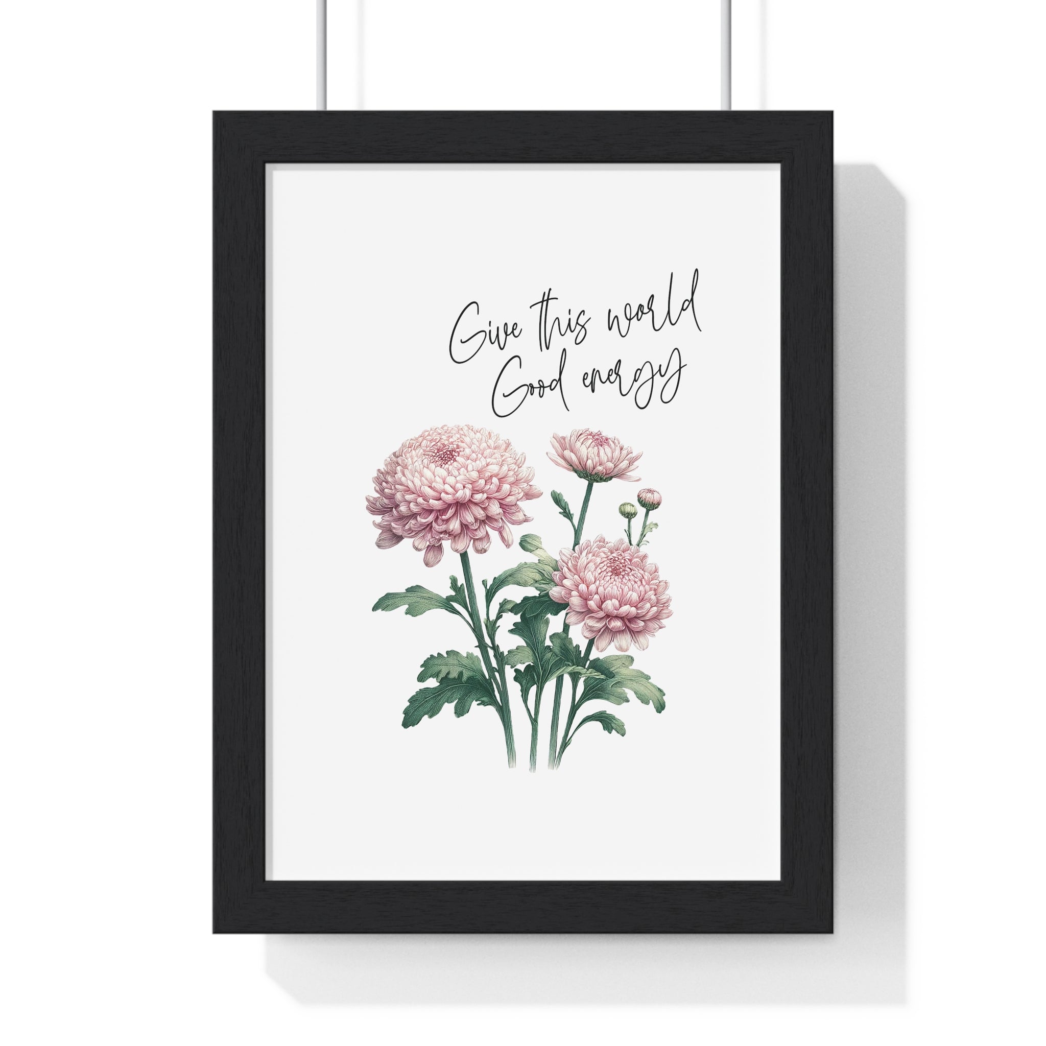 November Birth Month Flower Wall Art – Chrysanthemum Illustration with Inspirational Quote in Wooden Frame | Good Energy & Joy